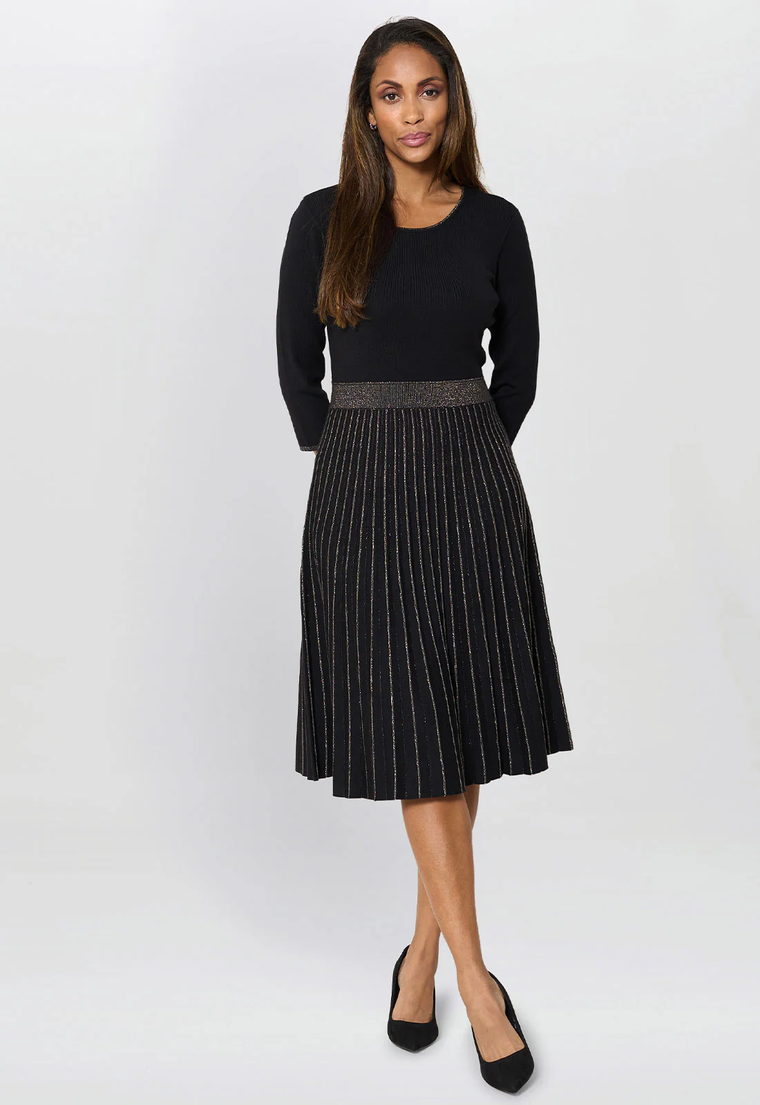 Gina Bacconi Black Apple Pleated Midi Dress - Image 6