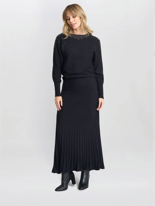 Gina Bacconi Black Celestina Long Pleated Knit Skirt