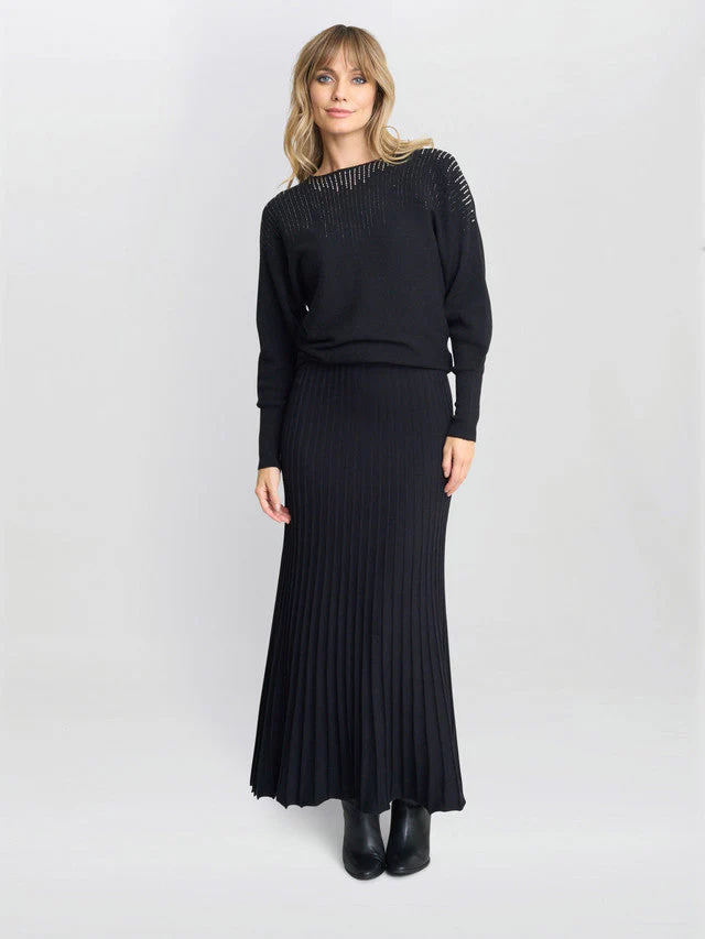 Gina Bacconi Black Celestina Long Pleated Knit Skirt - Image 4