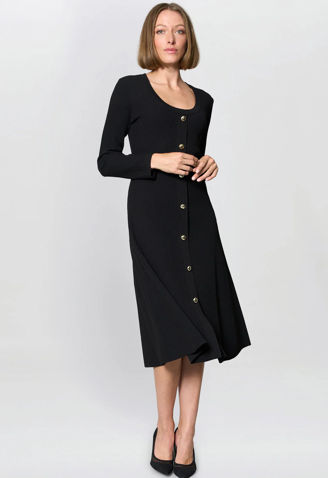 Gina Bacconi Black Cher Button Front Knit Midi Dress - Image 2