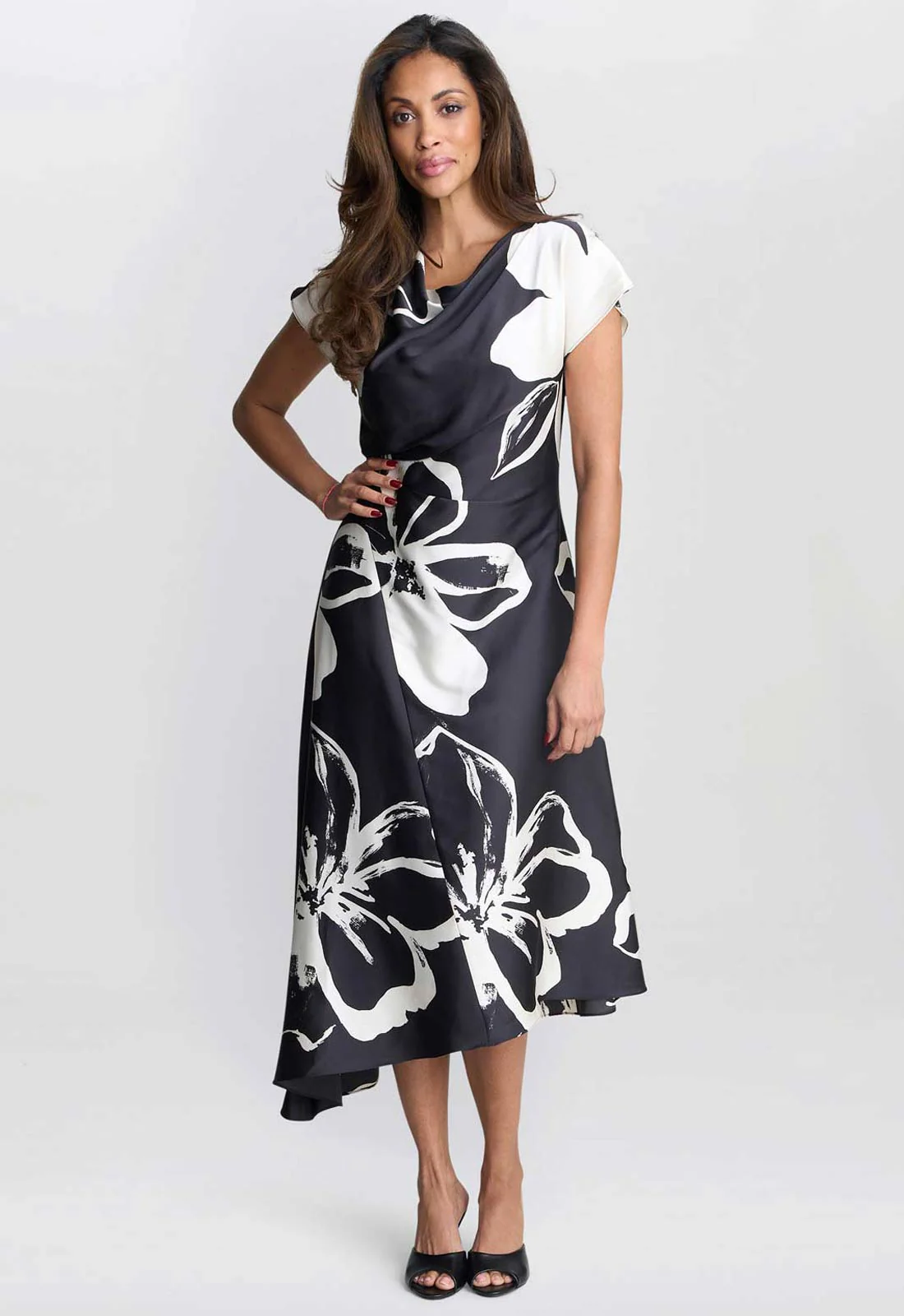 Gina Bacconi Black / Cream Maude Floral Print Asymmetrical Midi Dress