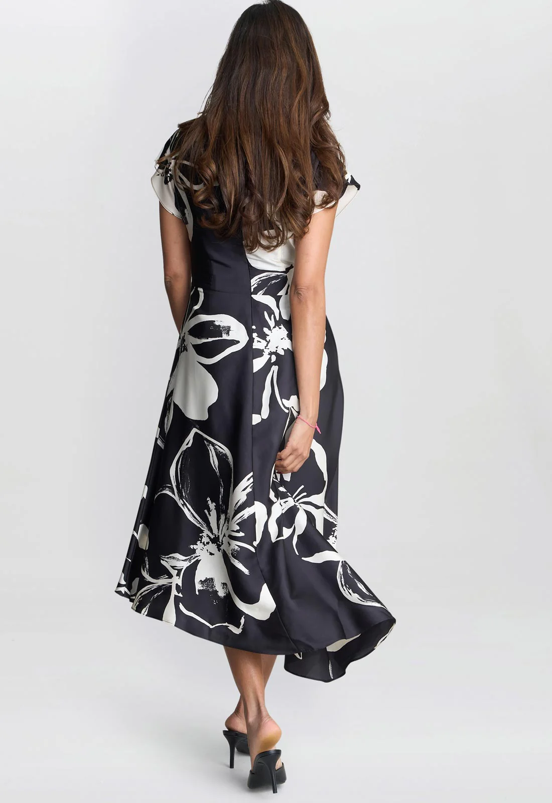 Gina Bacconi Black / Cream Maude Floral Print Asymmetrical Midi Dress - Image 2