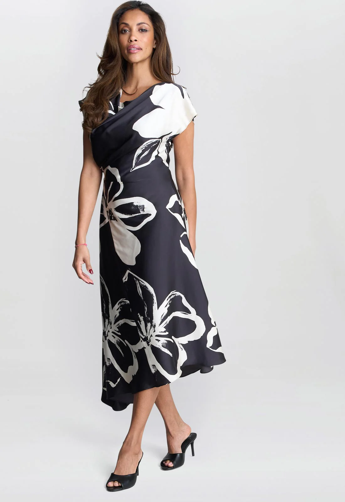 Gina Bacconi Black / Cream Maude Floral Print Asymmetrical Midi Dress - Image 3