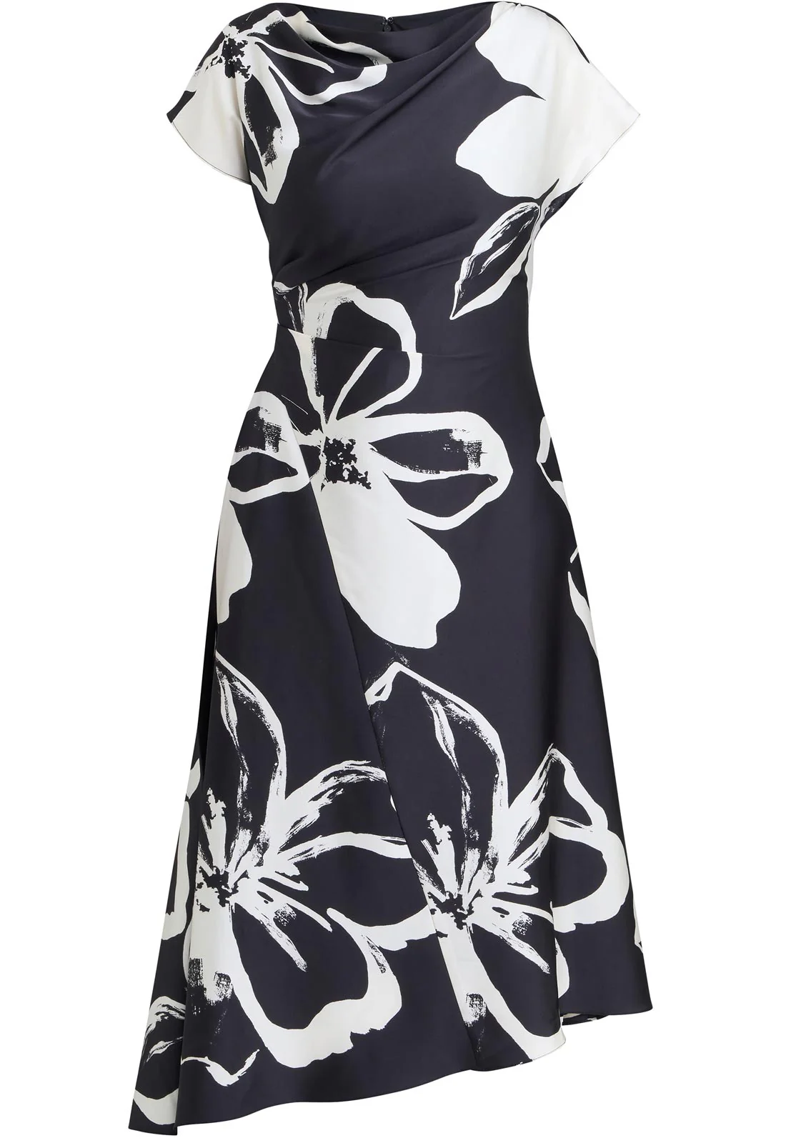 Gina Bacconi Black / Cream Maude Floral Print Asymmetrical Midi Dress - Image 4