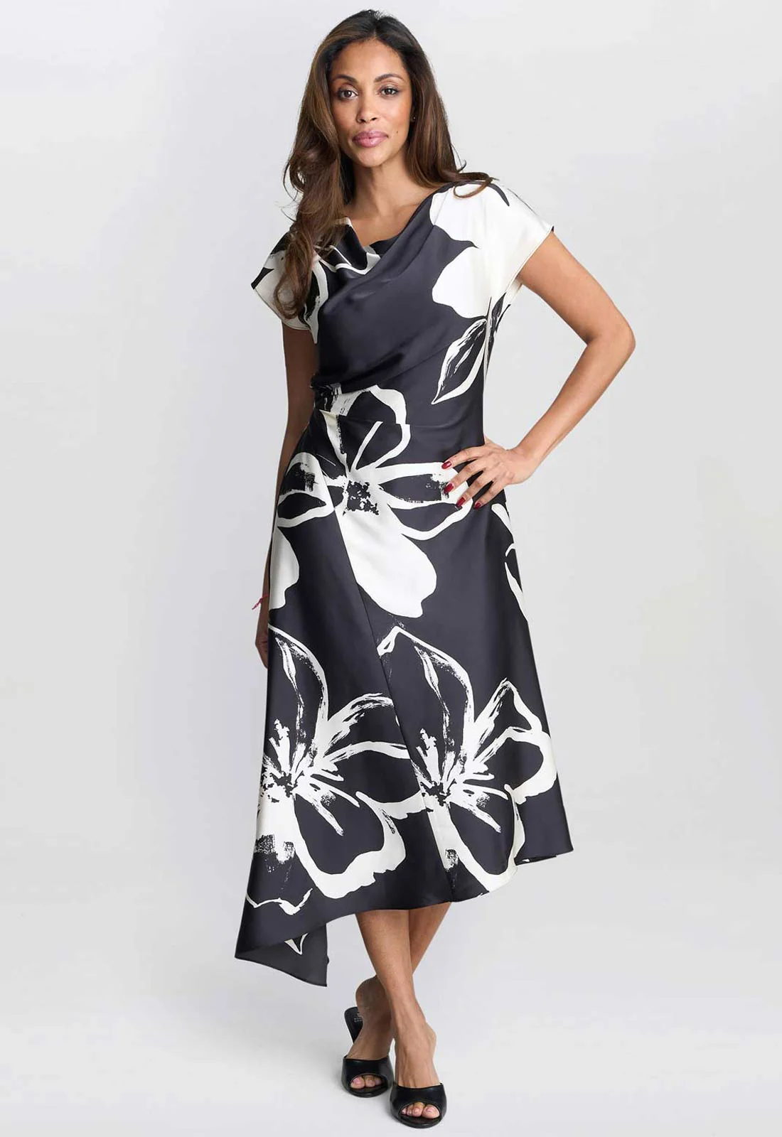Gina Bacconi Black / Cream Maude Floral Print Asymmetrical Midi Dress - Image 6