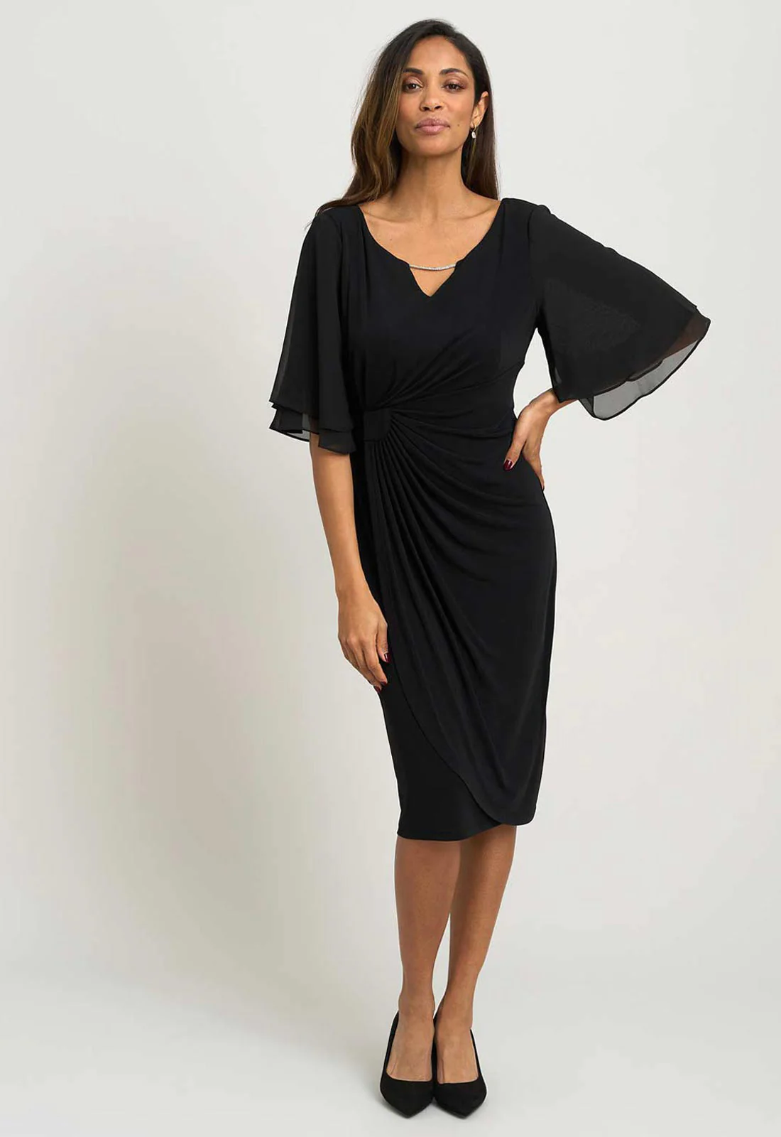 Gina Bacconi BLACK Diamante Trim Dress With Chiffon Sleeves