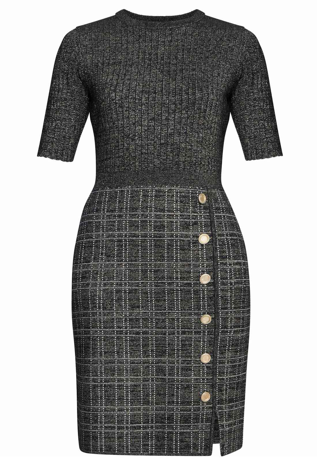 Gina Bacconi Black / Gold Antonella Button Detail Knit Dress - Image 2