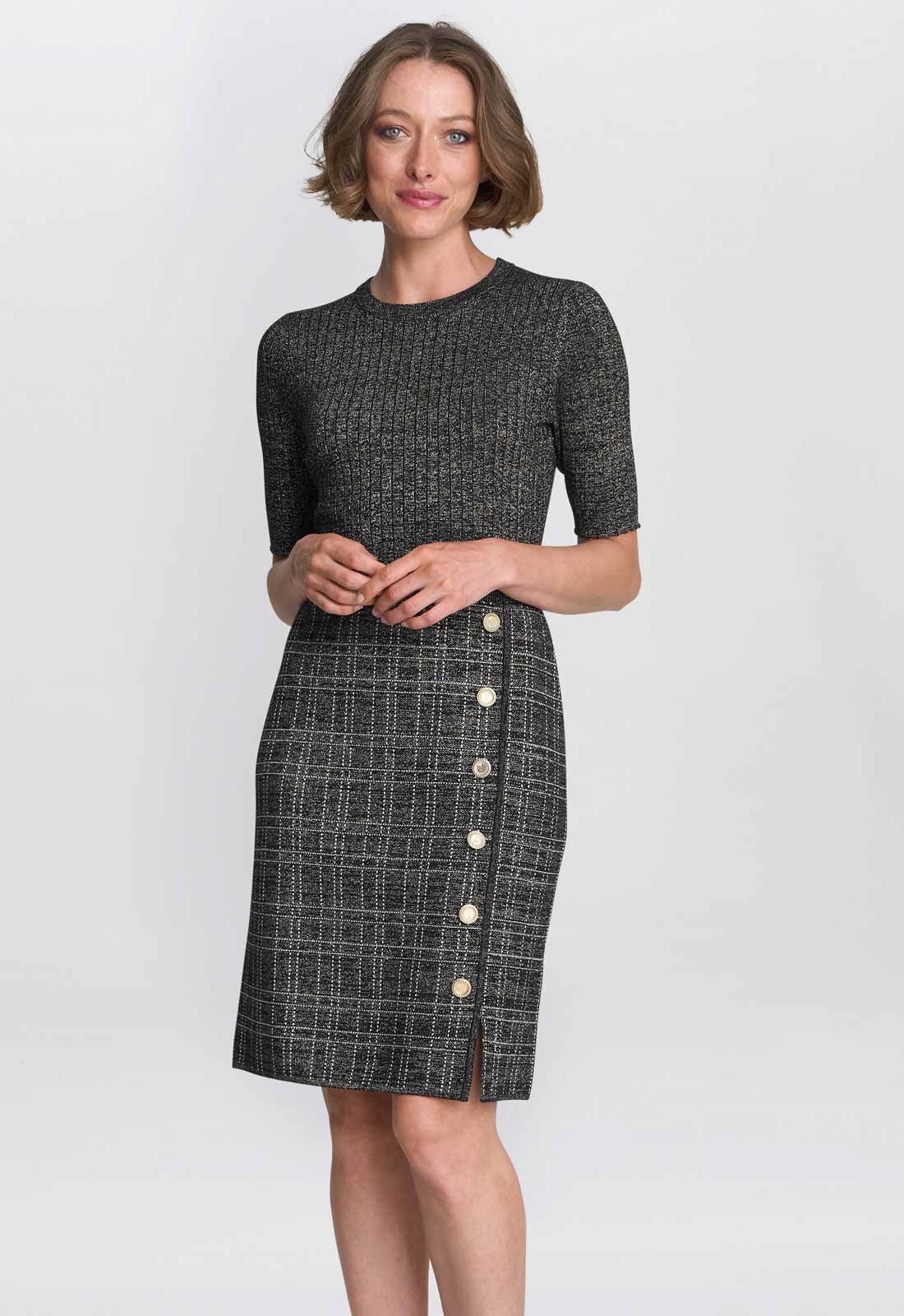 Gina Bacconi Black / Gold Antonella Button Detail Knit Dress - Image 3