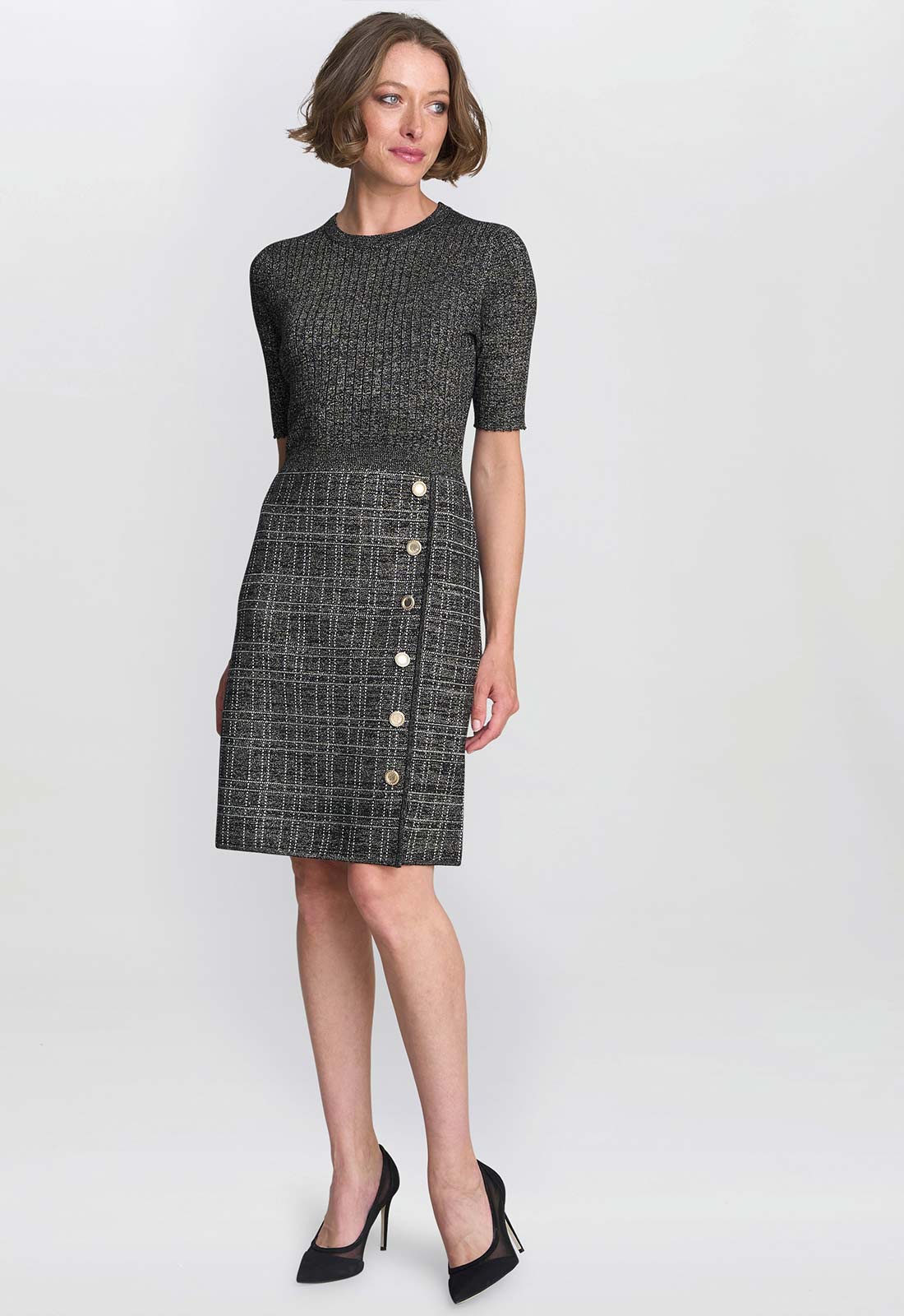 Gina Bacconi Black / Gold Antonella Button Detail Knit Dress - Image 5