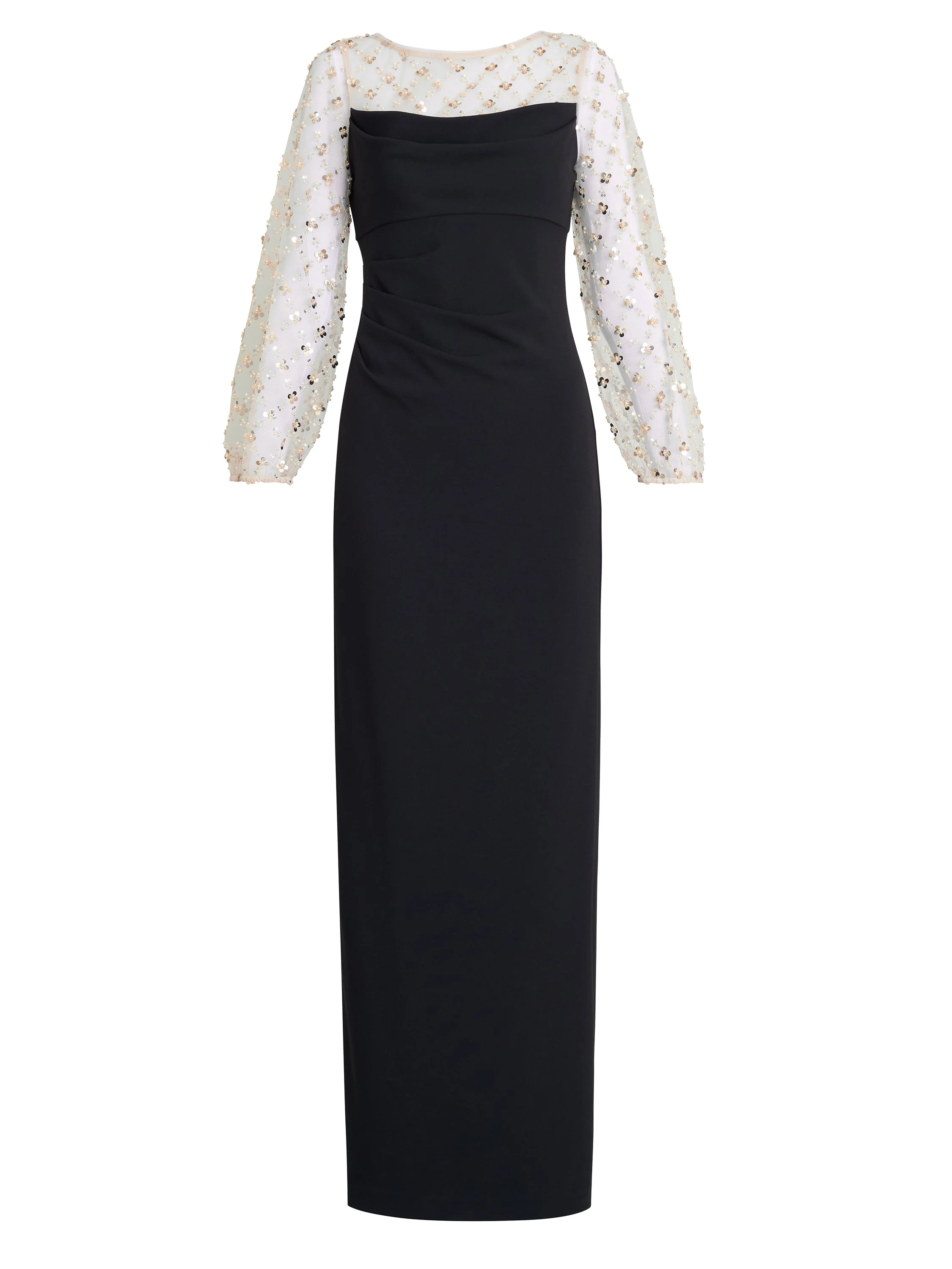 Gina Bacconi Black / Gold Arielle Embellished Mesh Sleeve Dress