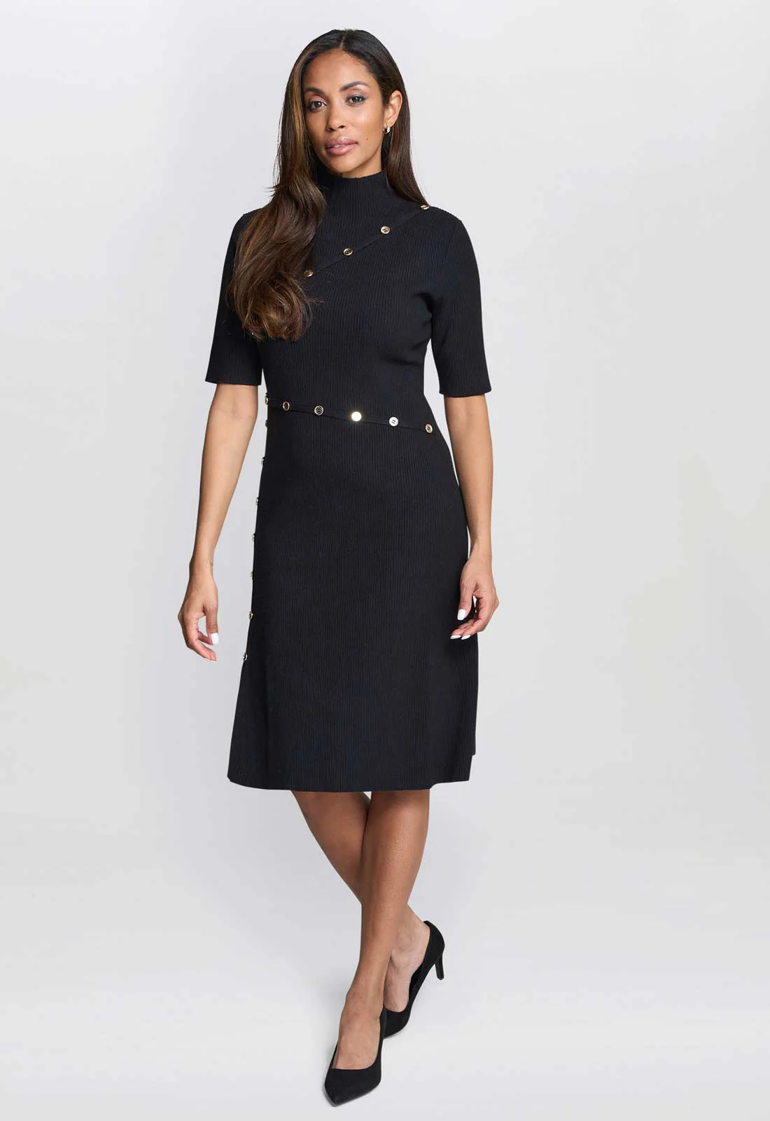 Gina Bacconi Black / Gold Vickie Button Detail Knit Dress - Image 4