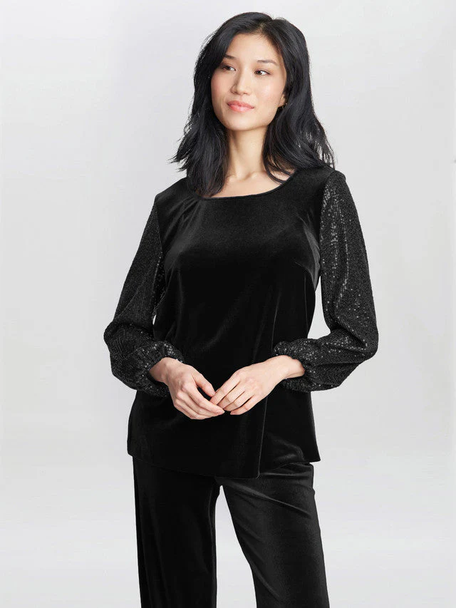 Gina Bacconi Black Ines Velvet Blouse With Sequin Bubble Sleeves - Image 2
