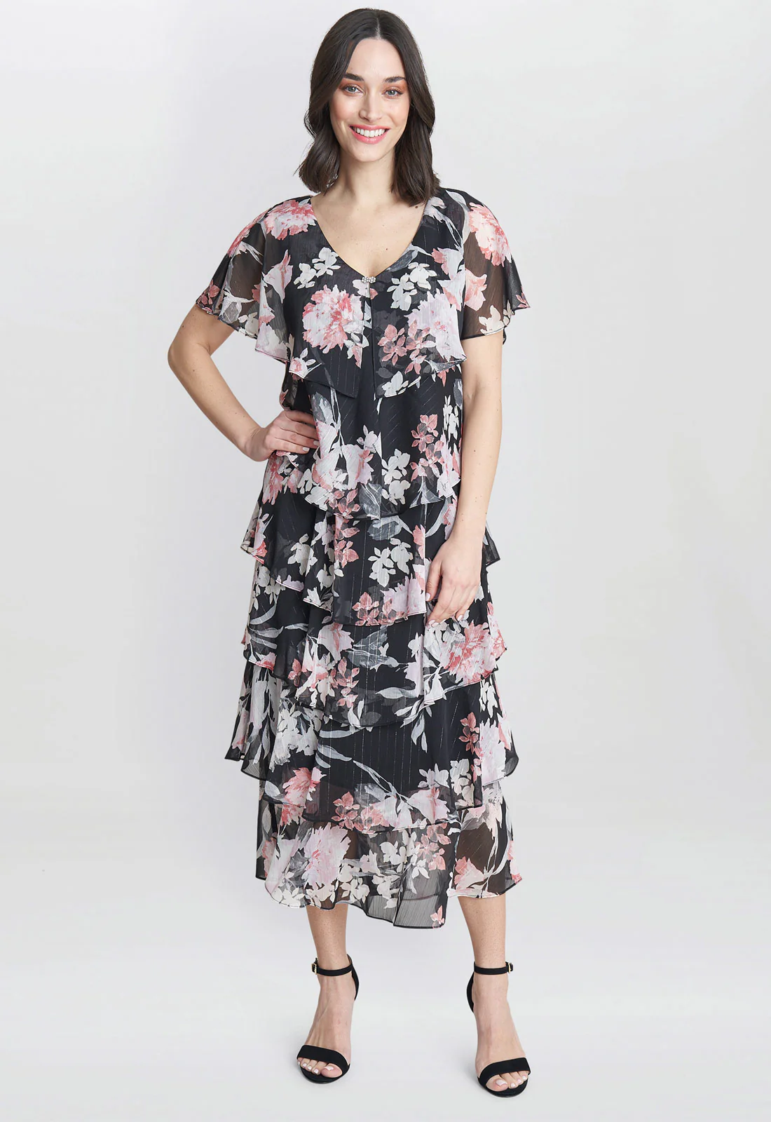 Gina Bacconi Black Janice V Neck Printed Midi Length Tiered Dress