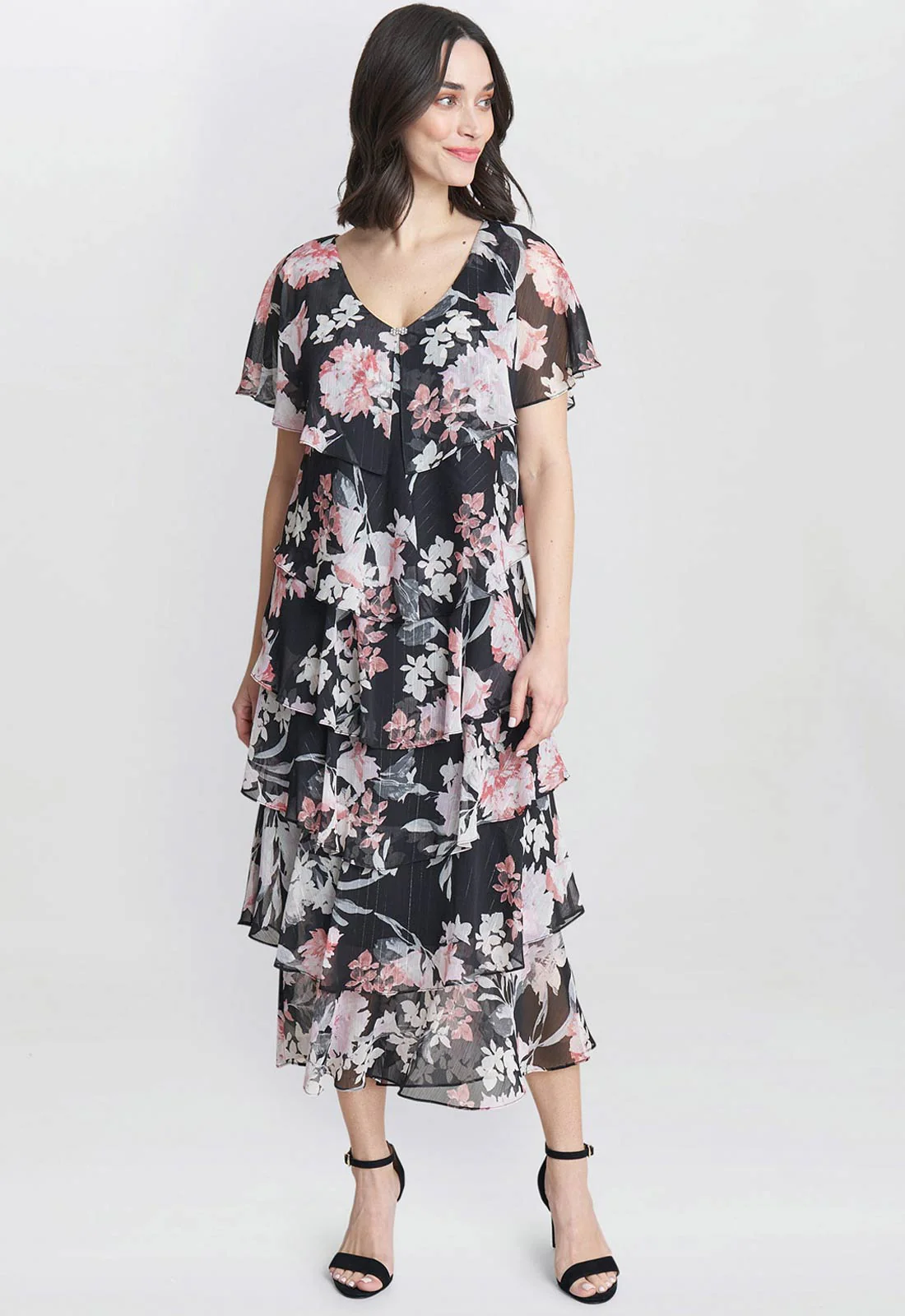 Gina Bacconi Black Janice V Neck Printed Midi Length Tiered Dress - Image 6