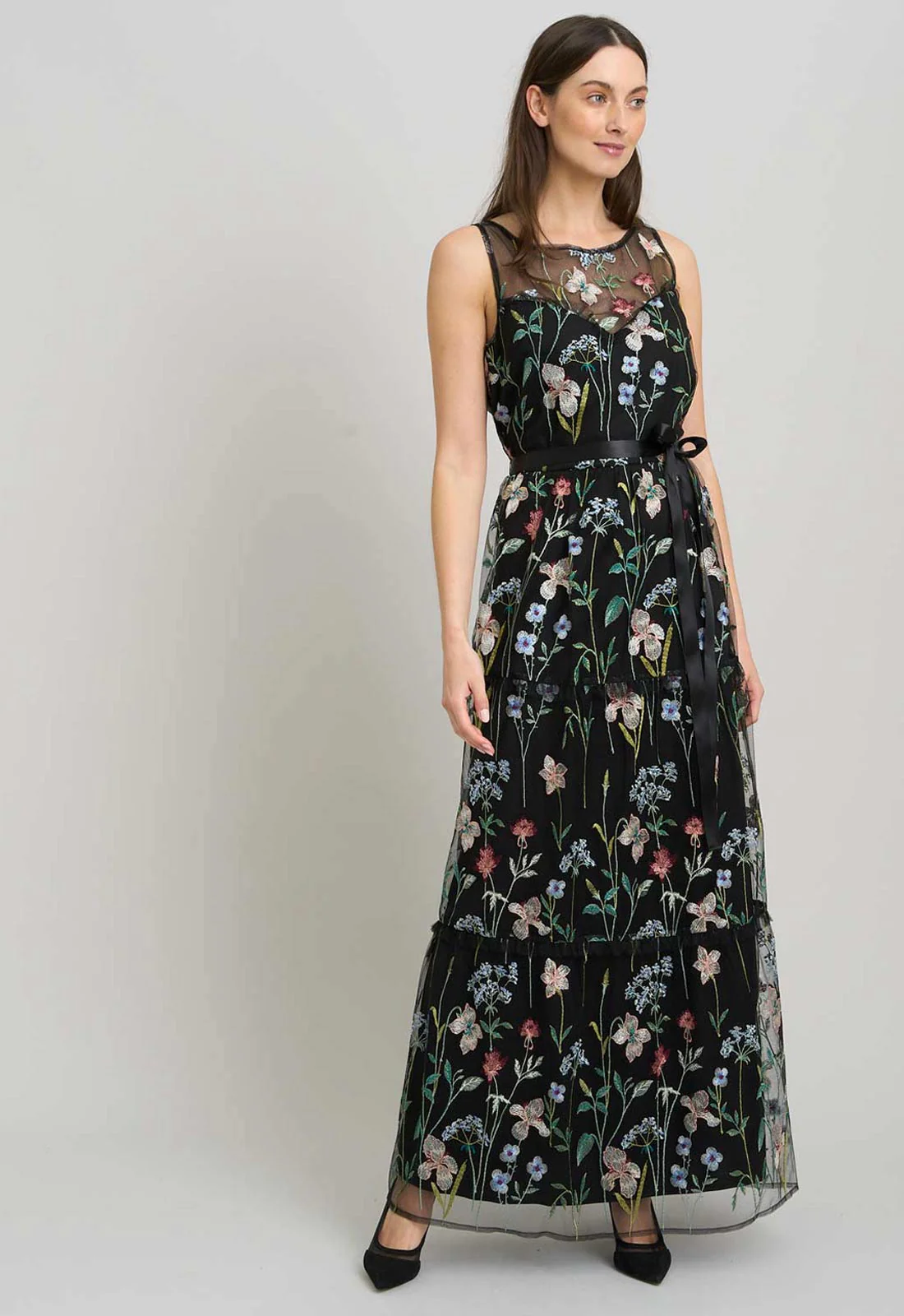 Gina Bacconi BLACK / MULTI Moira Embroidered Floral Maxi Dress - Image 3