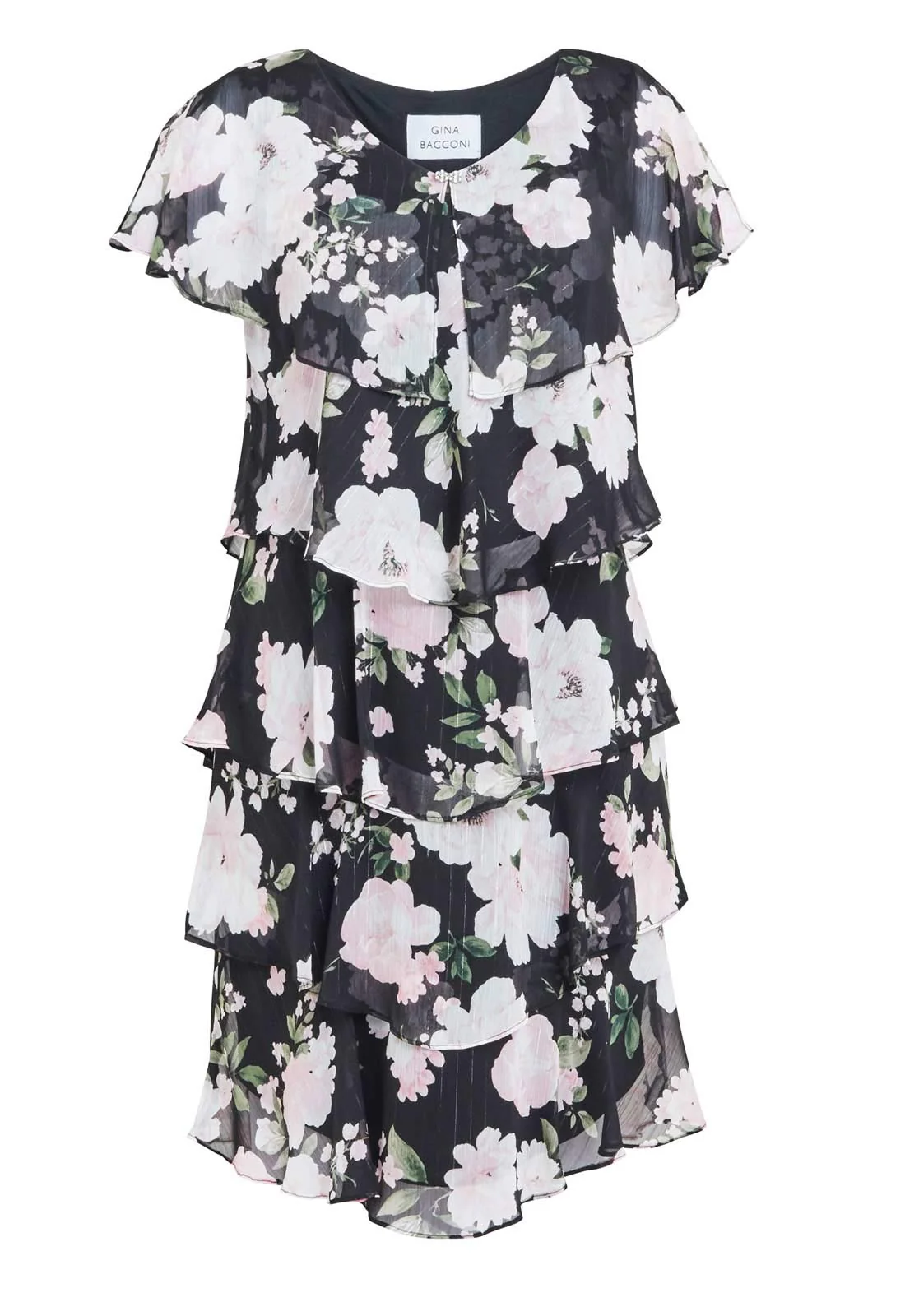Gina Bacconi Black  Nicola V Neck Printed Tiered Dress - Image 4