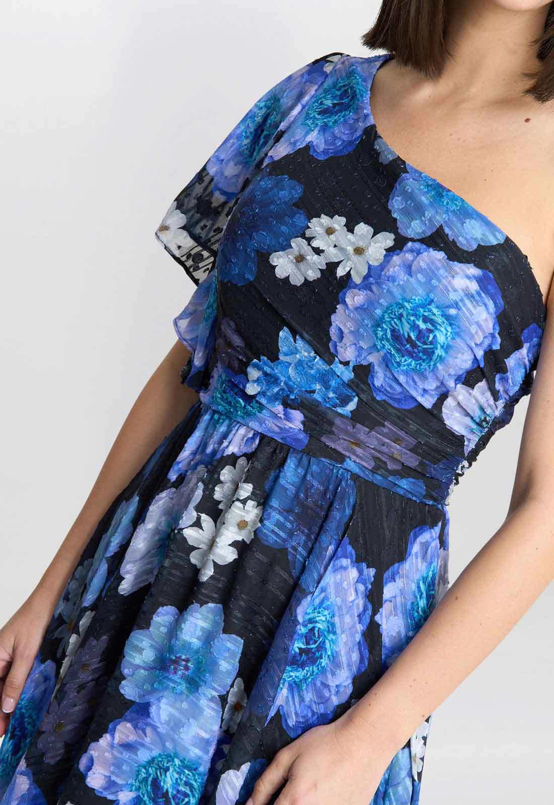 Gina Bacconi Black and Royal Briana One Shoulder Floral Print Dress - Image 2