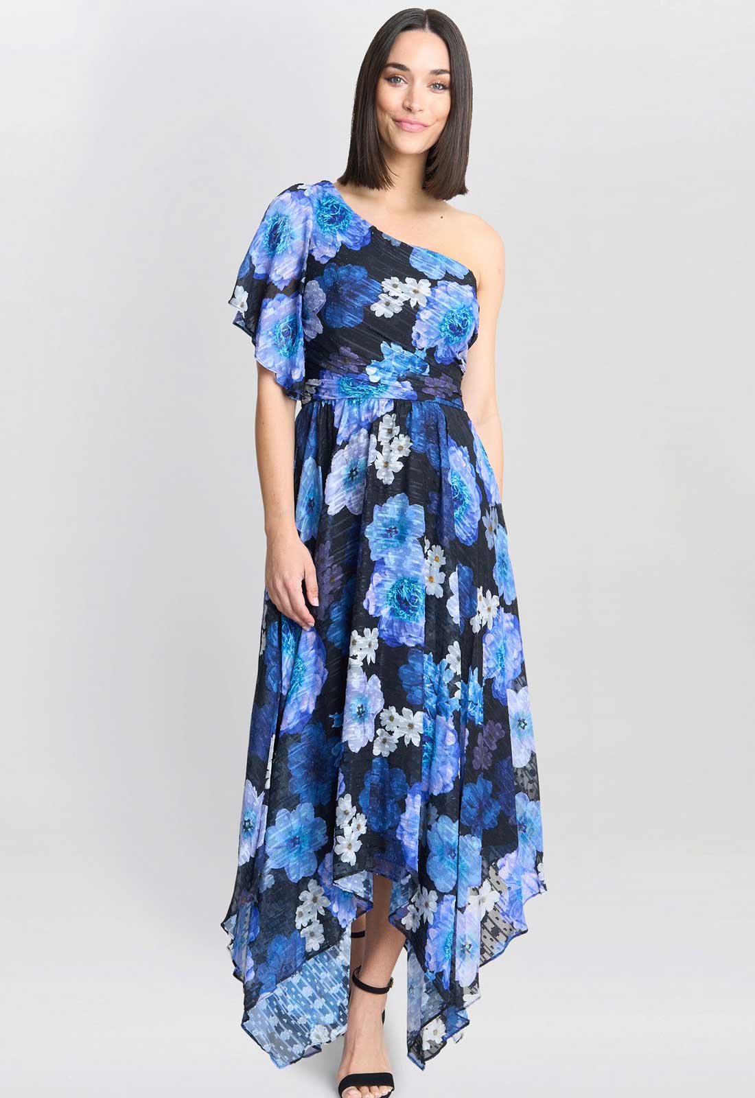Gina Bacconi Black and Royal Briana One Shoulder Floral Print Dress - Image 3