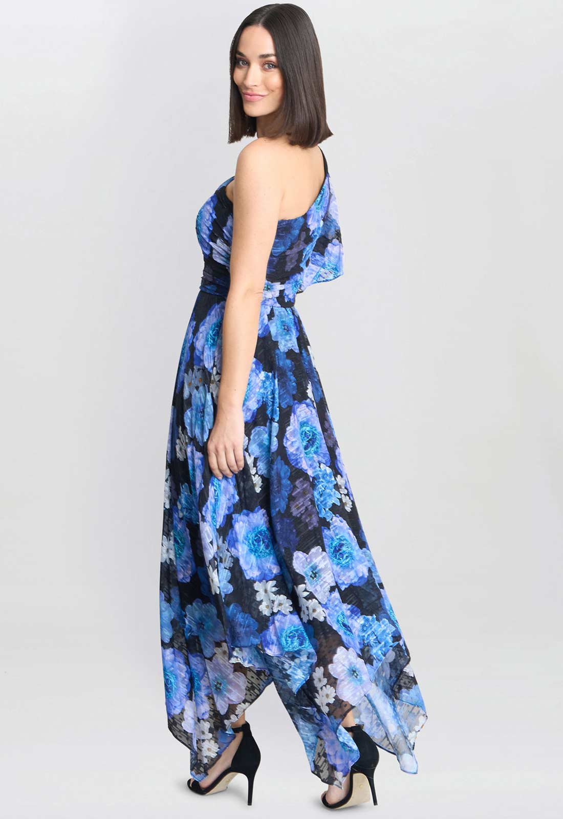 Gina Bacconi Black and Royal Briana One Shoulder Floral Print Dress - Image 4