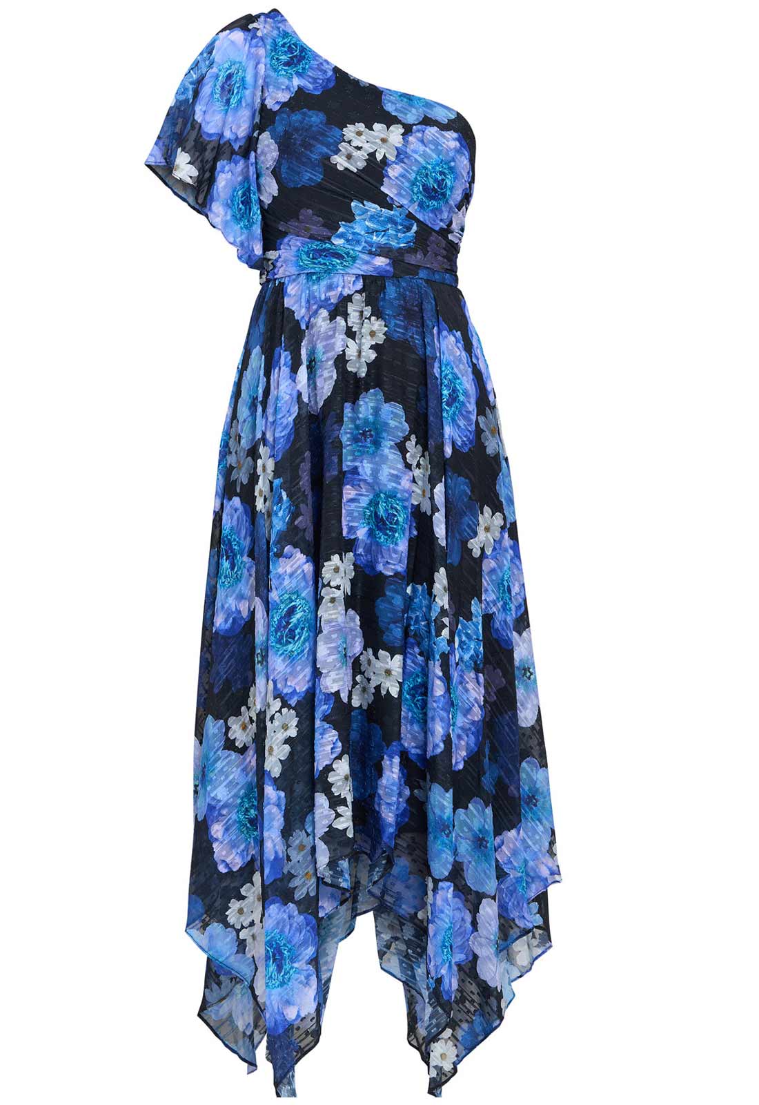 Gina Bacconi Black and Royal Briana One Shoulder Floral Print Dress - Image 5