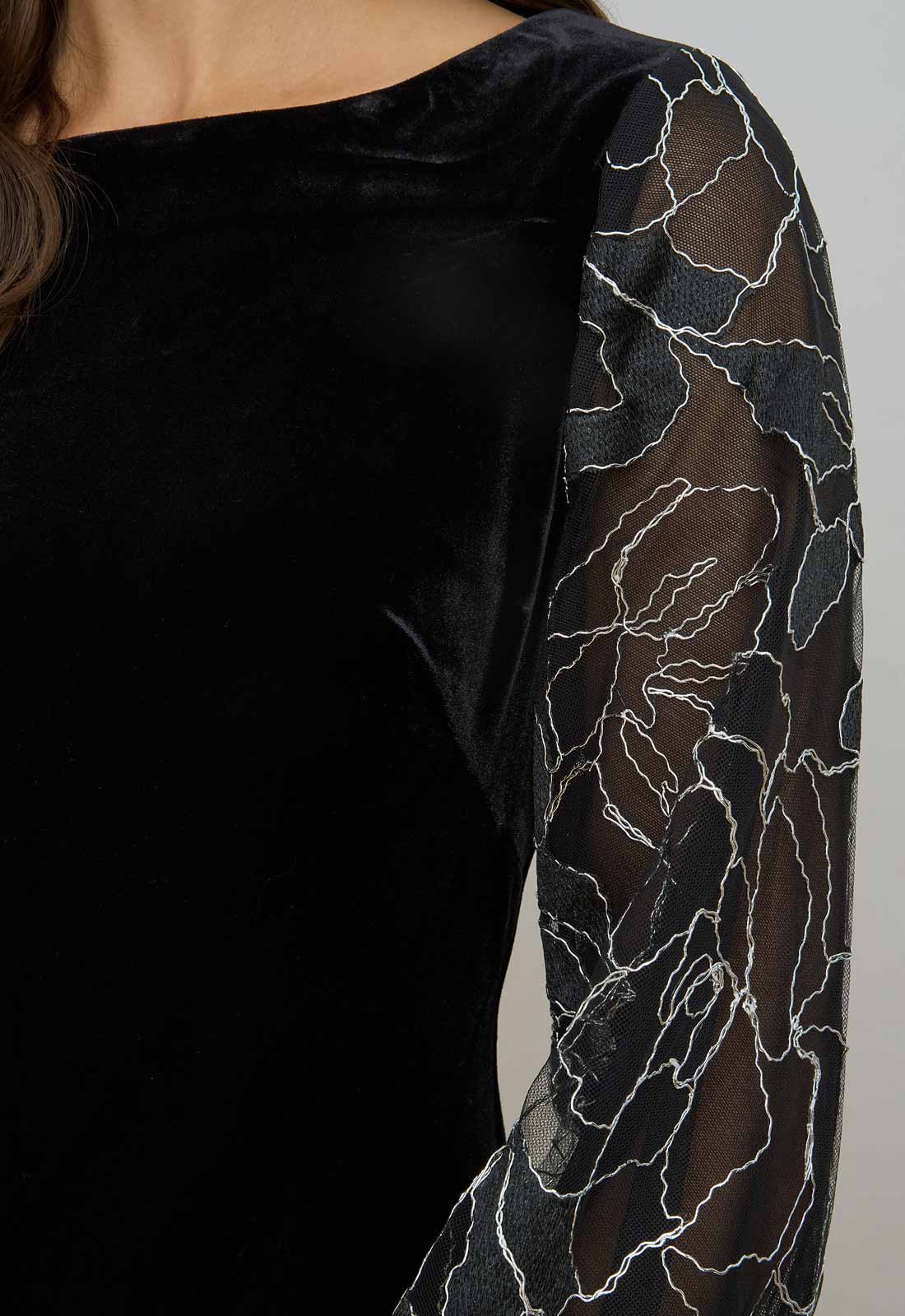 Gina Bacconi Black / Silver Sky Velvet Dress With Sheer Embroidered Sleeves - Image 2