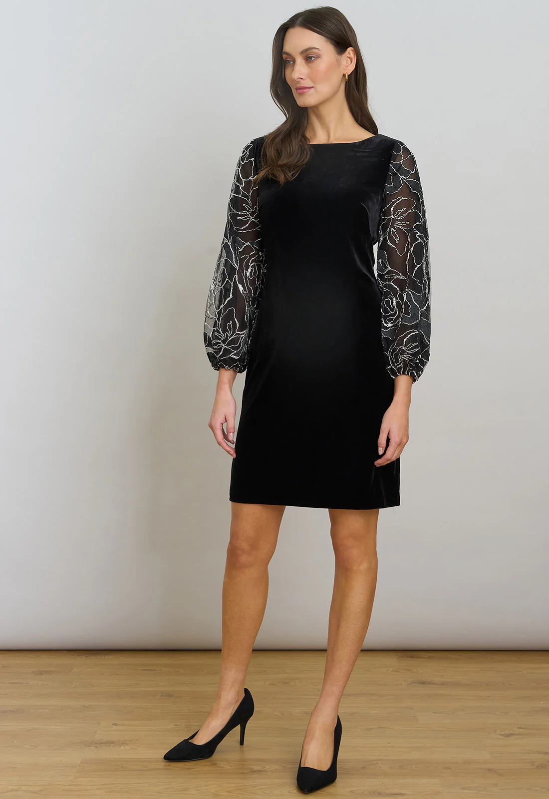 Gina Bacconi Black / Silver Sky Velvet Dress With Sheer Embroidered Sleeves - Image 5