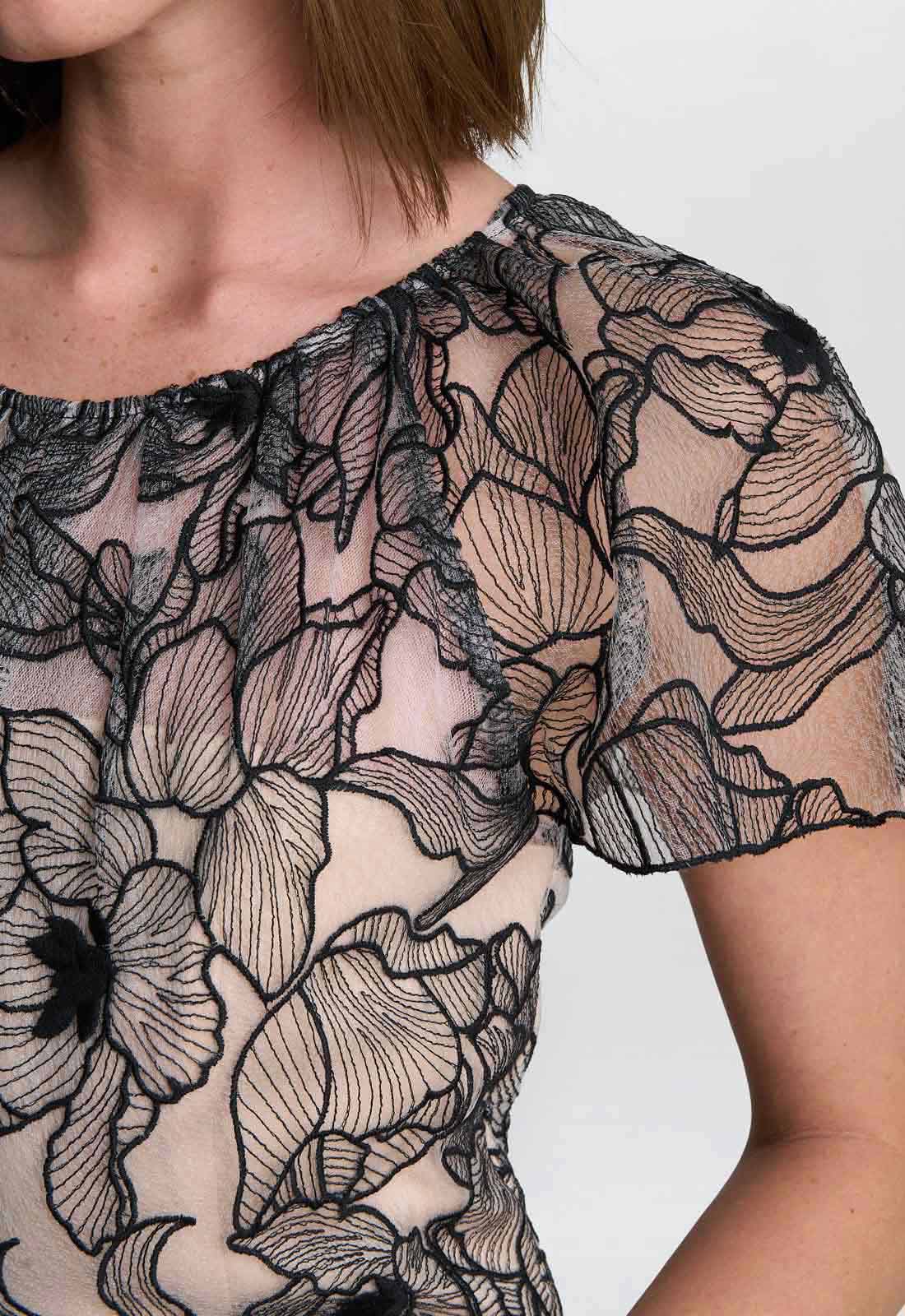 Gina Bacconi Black / White Marie-Claire Floral Embroidered Mesh Maxi Dress - Image 5