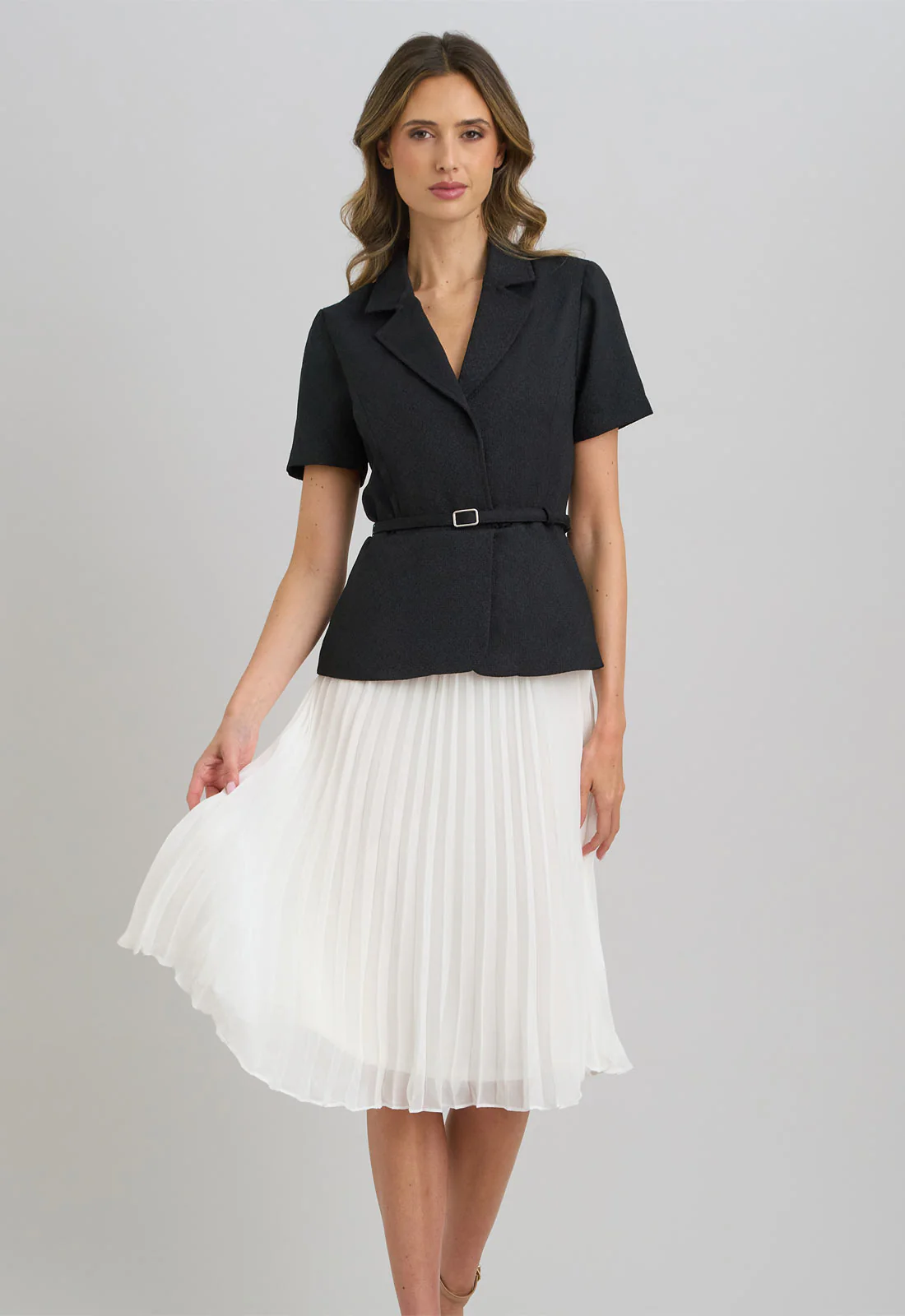 Gina Bacconi Black and White Shelley Belted Pleated Midi Dress