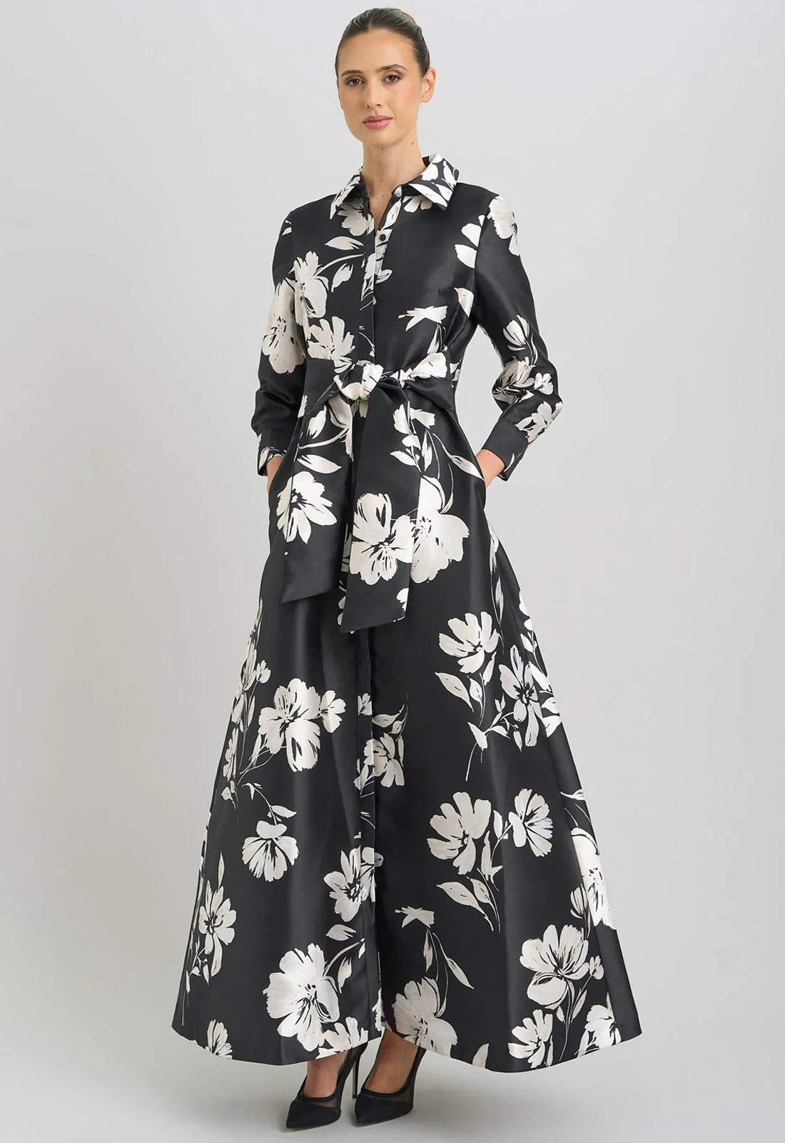 Gina Bacconi Black and White Steph Floral Belt Tie Maxi Dress - Image 6
