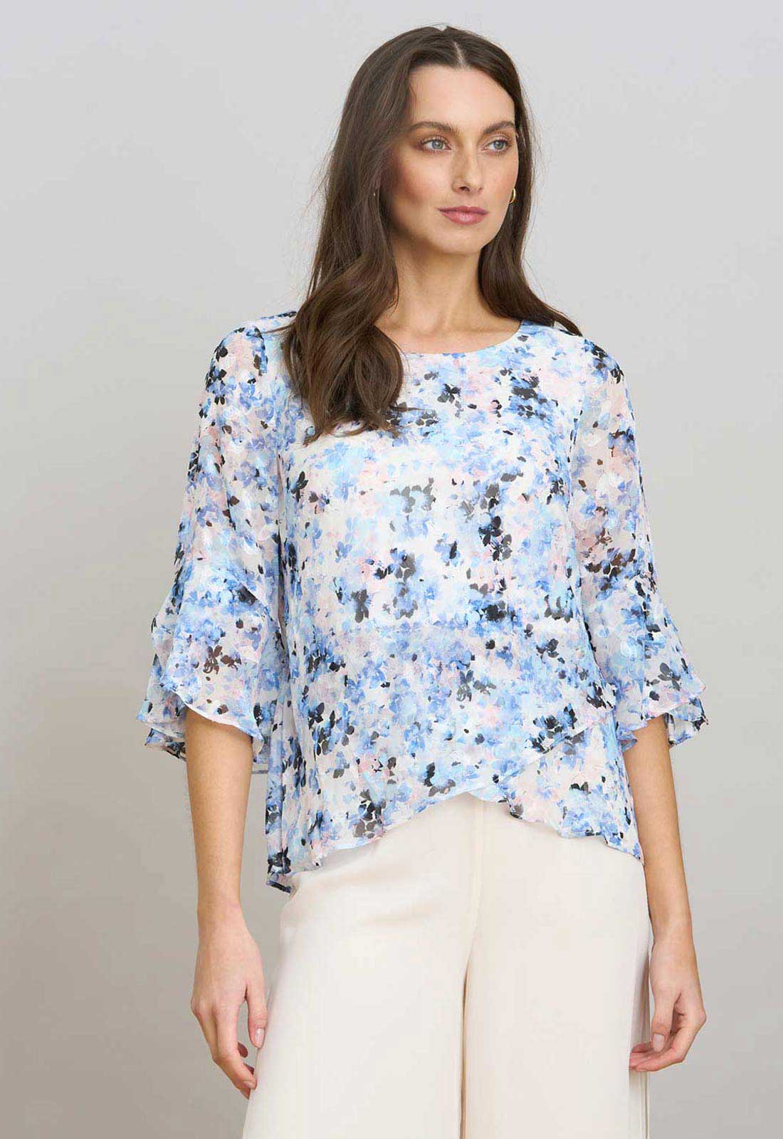 Gina Bacconi BLUE Jacklyn Floral Layered Chiffon Top - Image 4