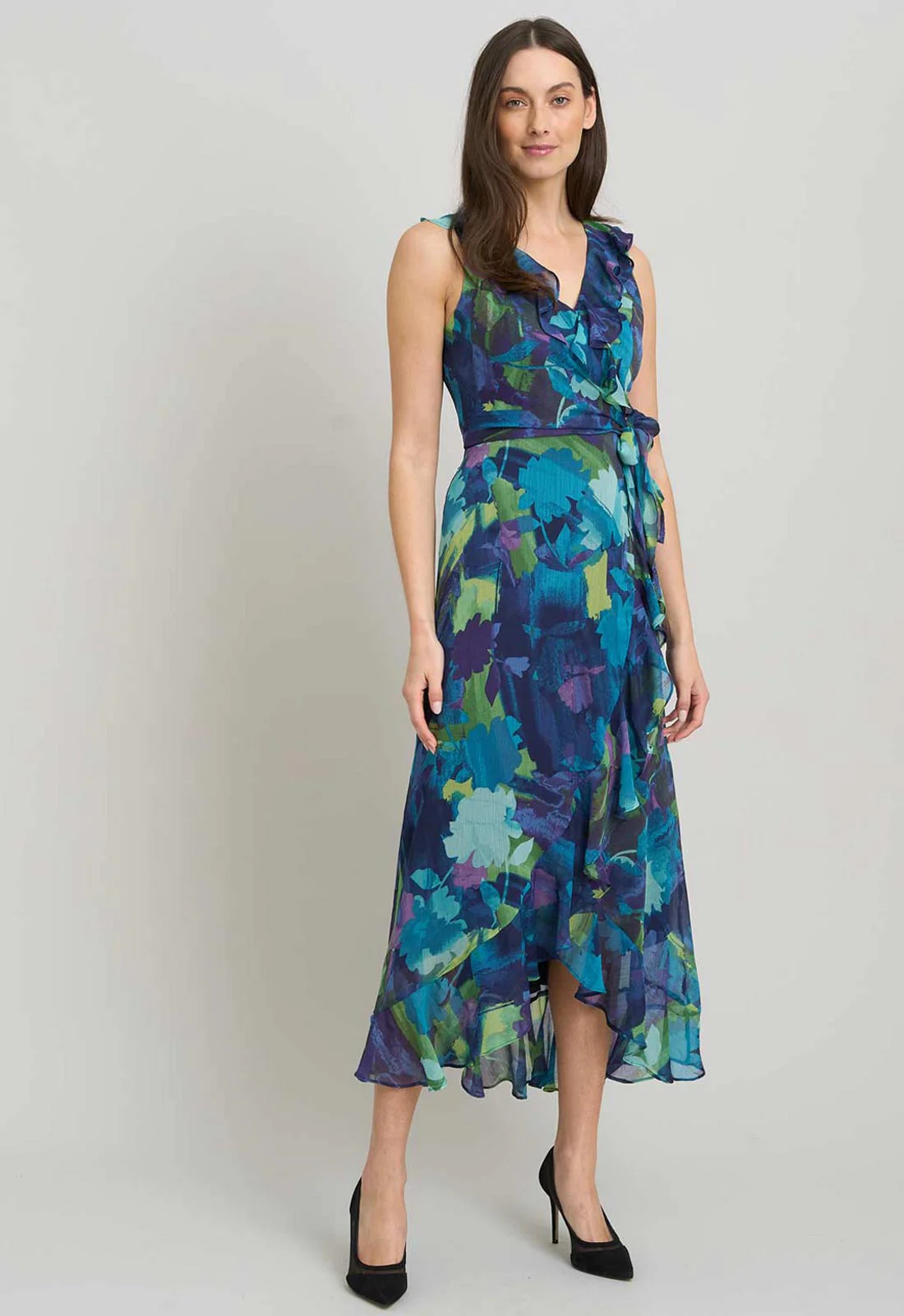 Gina Bacconi BLUE Marlee Side Tie Ruffle Print Dress - Image 3