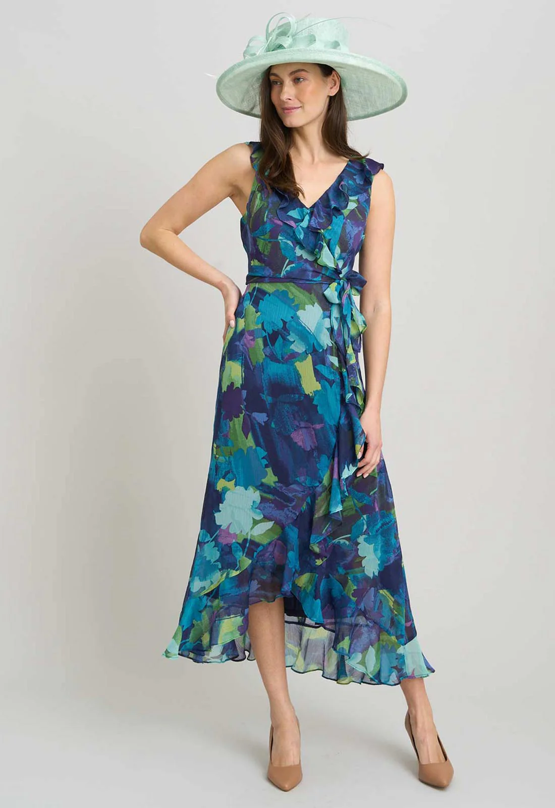 Gina Bacconi BLUE Marlee Side Tie Ruffle Print Dress - Image 4