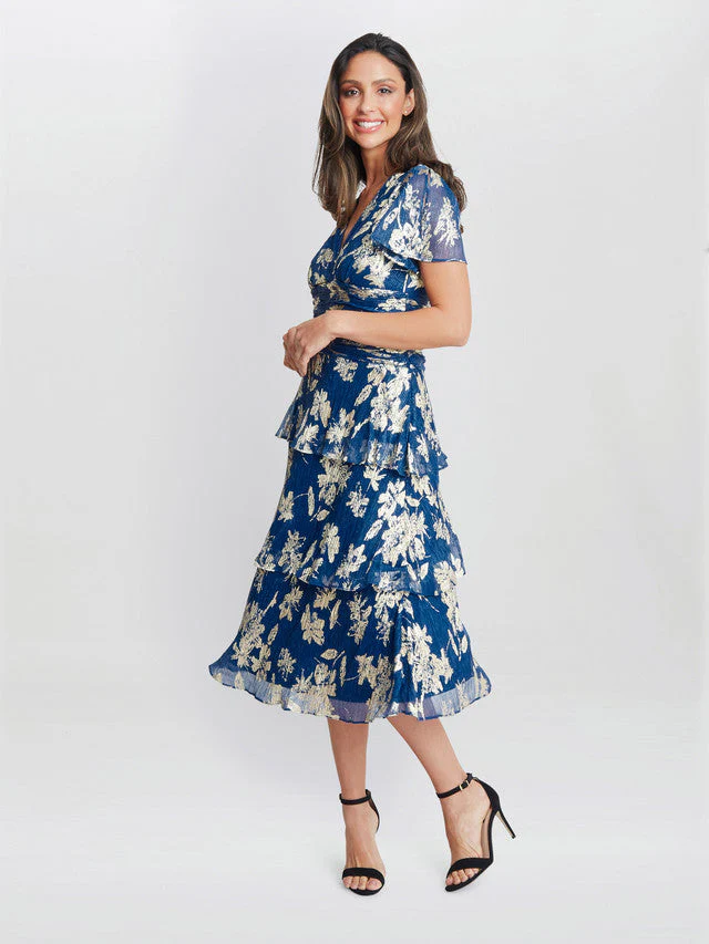 Gina Bacconi Blue Simone Foil Printed Tiered Dress - Image 5