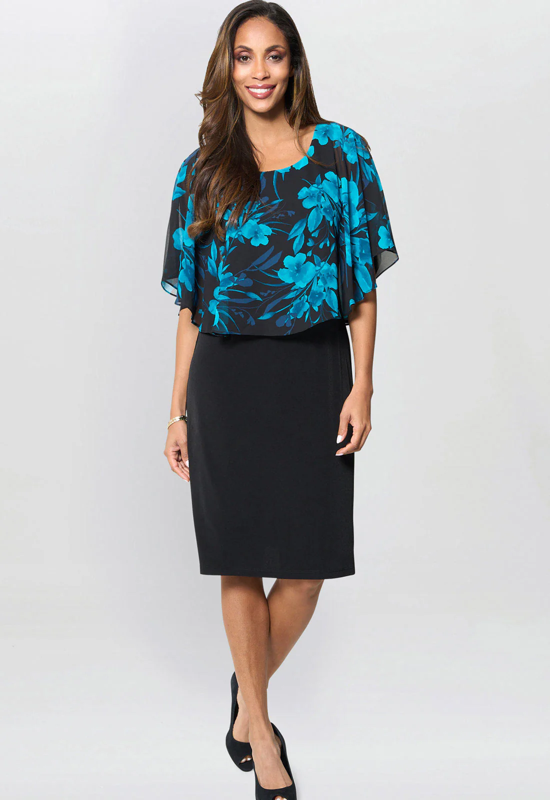Gina Bacconi Blue / Teal Ashton Floral Chiffon Overlay Dress - Image 6