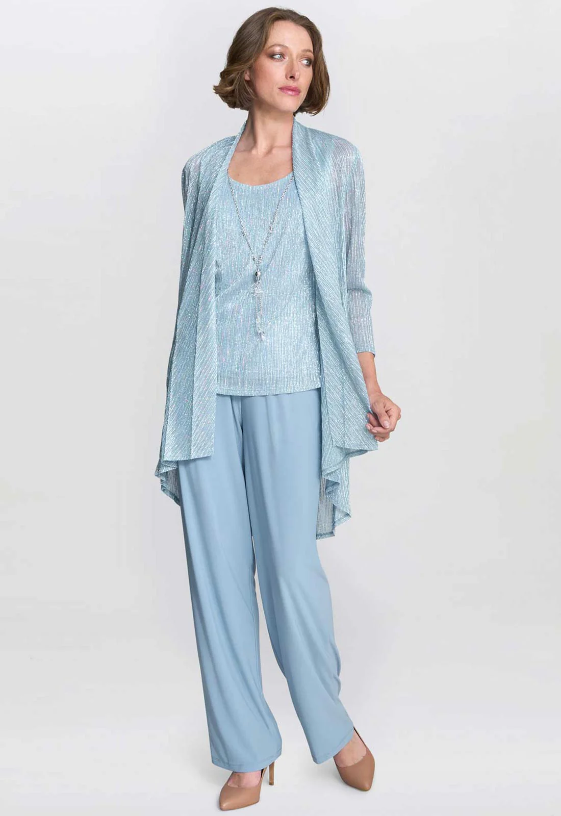 Gina Bacconi Blue Tina Three Piece Metallic Crinkle Trouser Suit - Image 4