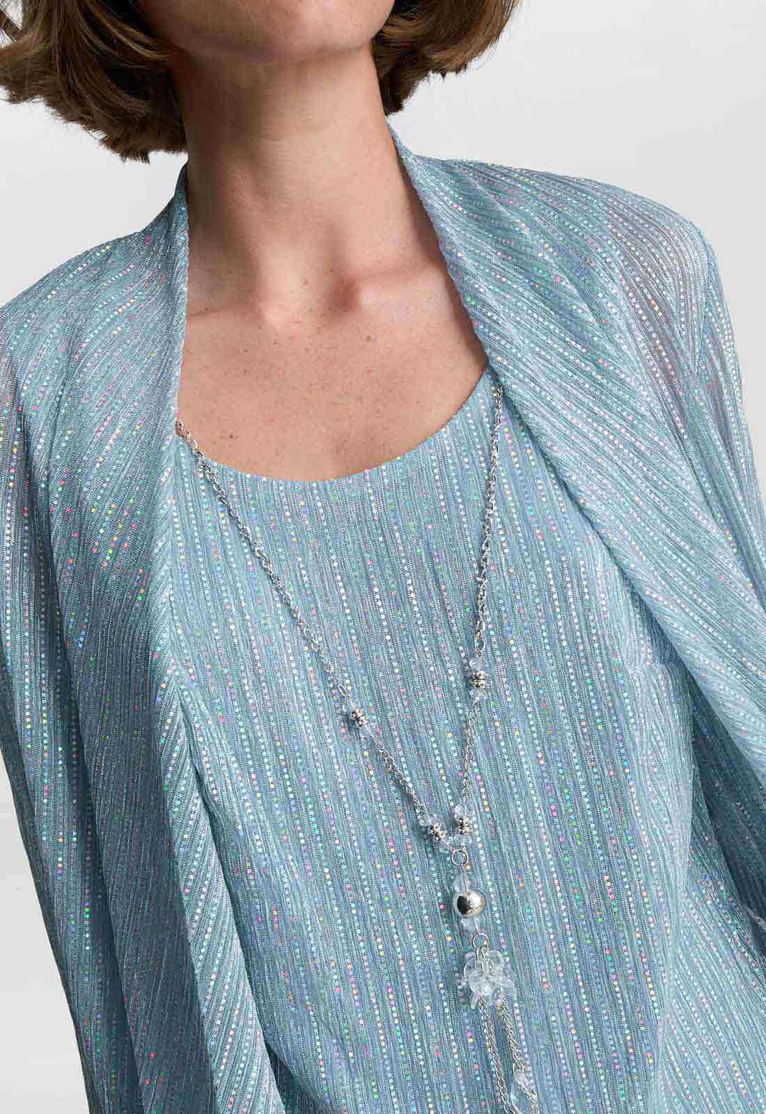 Gina Bacconi Blue Tina Three Piece Metallic Crinkle Trouser Suit - Image 6