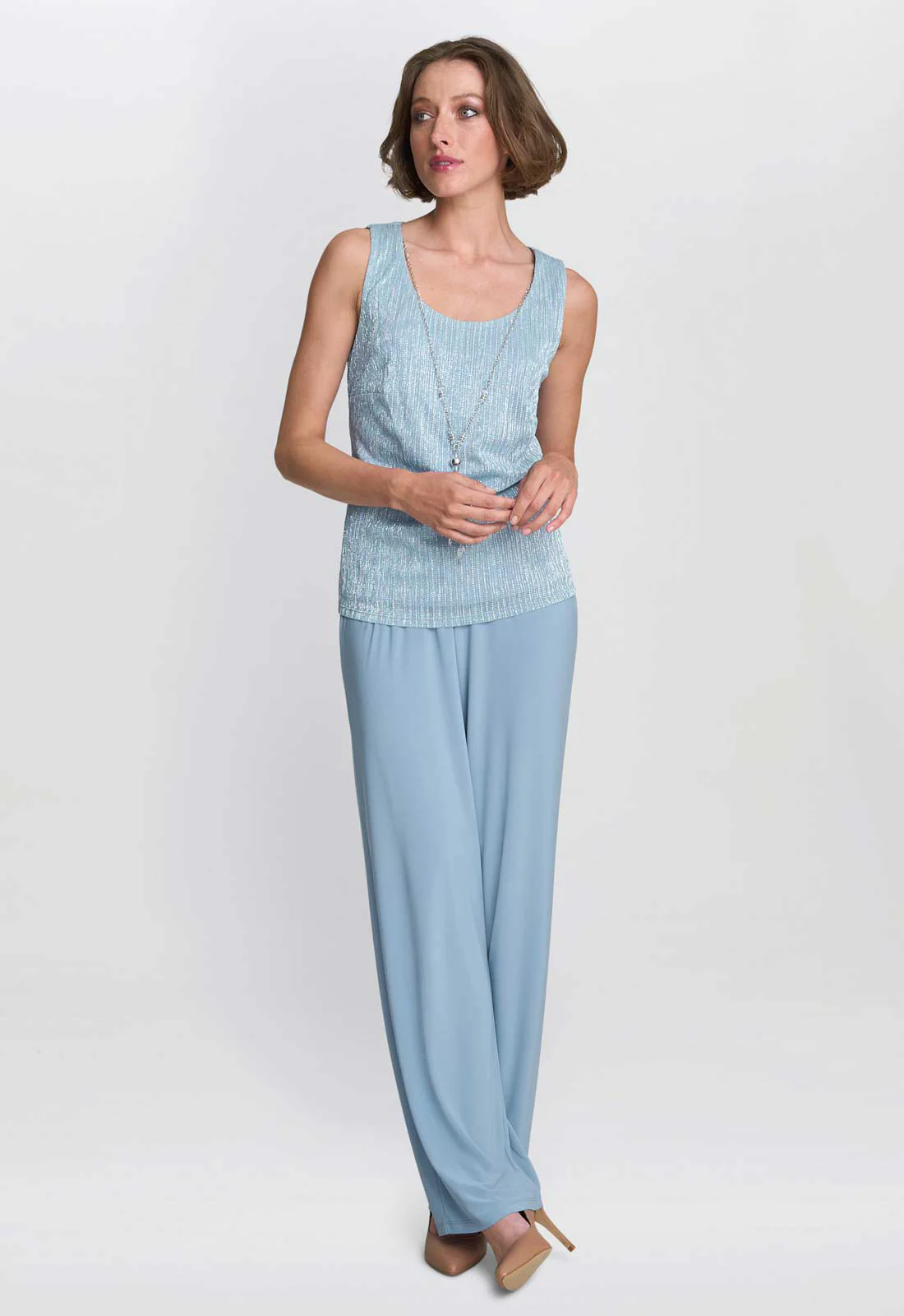 Gina Bacconi Blue Tina Three Piece Metallic Crinkle Trouser Suit - Image 7
