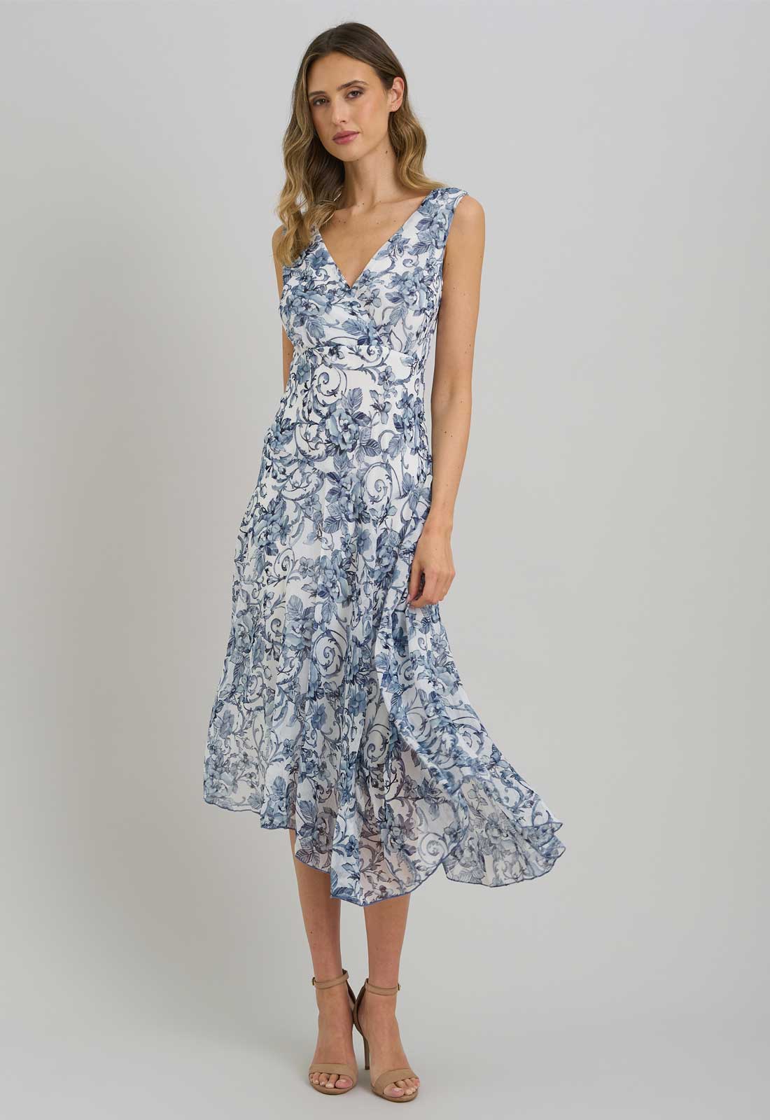 Gina Bacconi BLUE / WHITE India Chiffon Print Dress