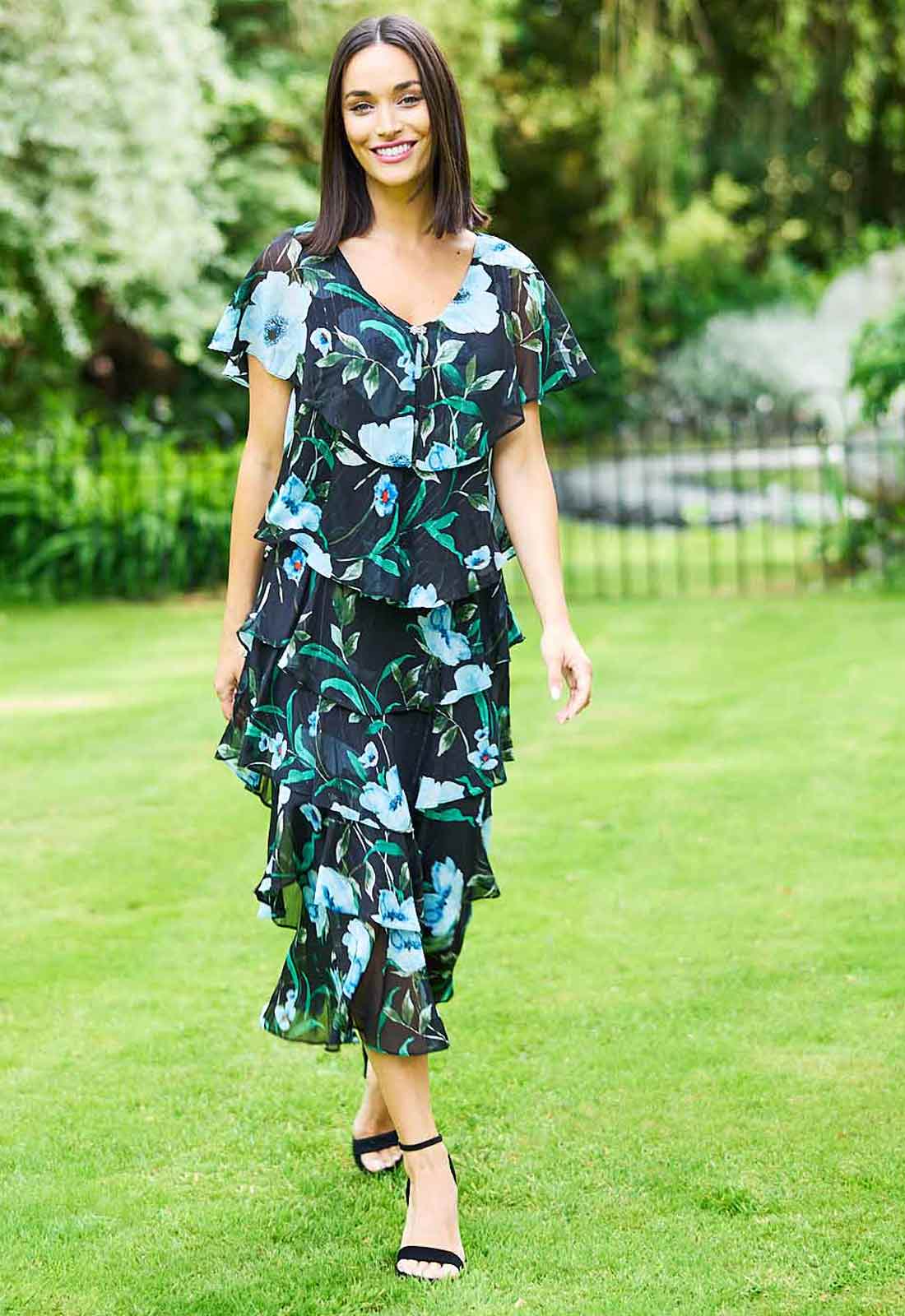 Gina Bacconi Bright Teal Frances Printed Midi Tiered Dress - Image 2