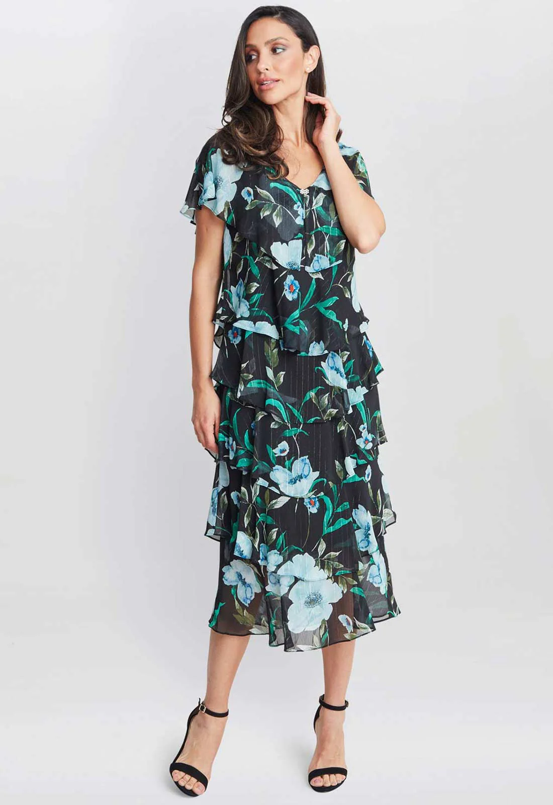 Gina Bacconi Bright Teal Frances Printed Midi Tiered Dress - Image 3