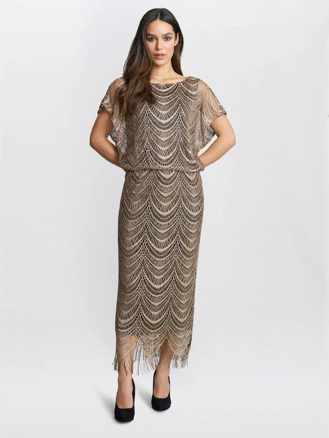 Gina Bacconi Bronze Arleen Long Blouson Fringe Hem Dress - Image 2