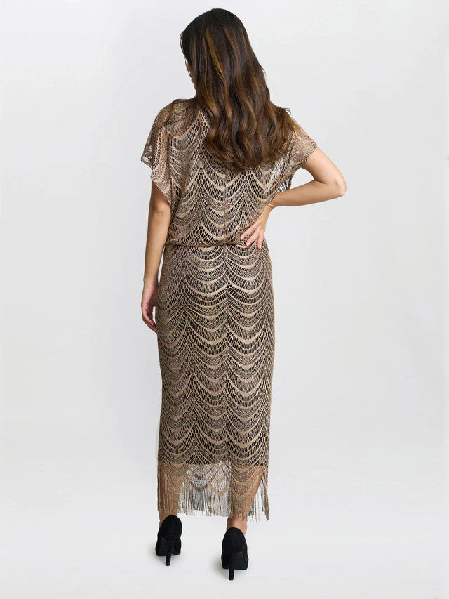 Gina Bacconi Bronze Arleen Long Blouson Fringe Hem Dress - Image 3