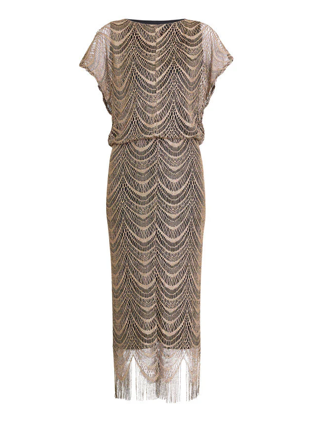 Gina Bacconi Bronze Arleen Long Blouson Fringe Hem Dress - Image 5