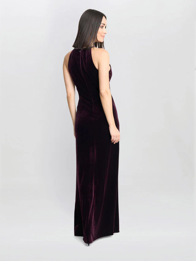 Gina Bacconi Deedee Burgundy Velvet Halter Keyhole Maxi Dress - Image 5