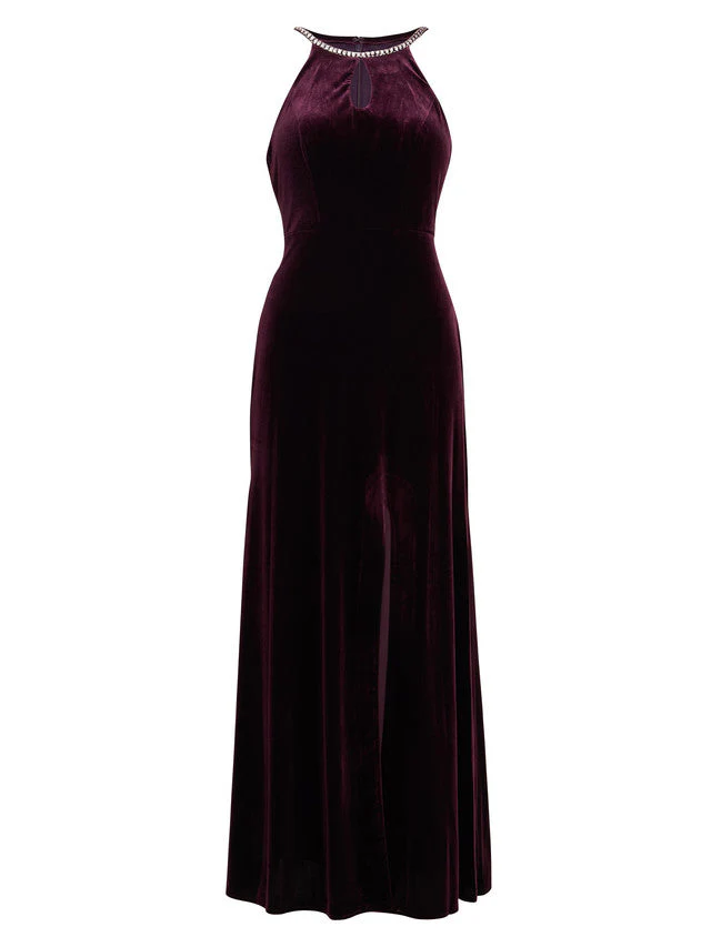 Gina Bacconi Deedee Burgundy Velvet Halter Keyhole Maxi Dress - Image 6