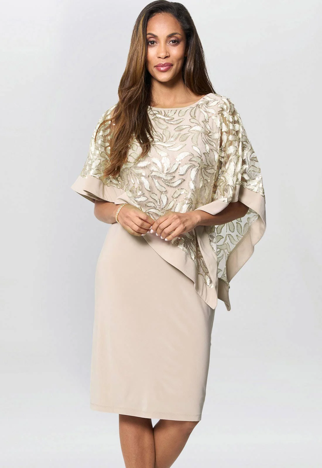 Gina Bacconi Champagne Darlene Embroidered Cape Dress - Image 4