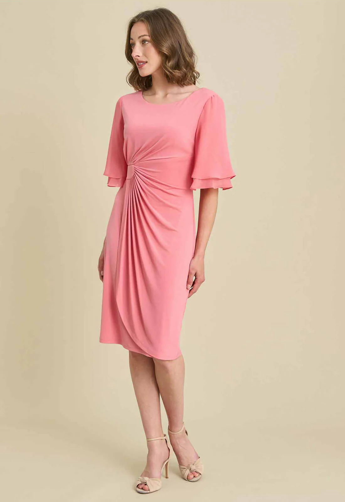 Gina Bacconi CORAL Faux Wrap Dress With Double Layer Sleeve