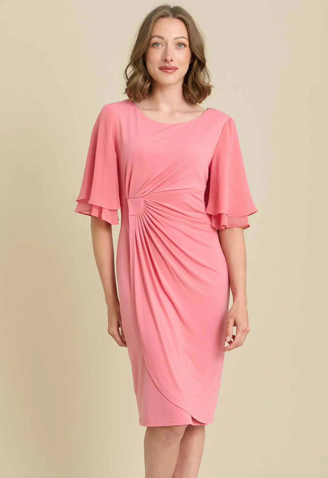 Gina Bacconi CORAL Faux Wrap Dress With Double Layer Sleeve - Image 3