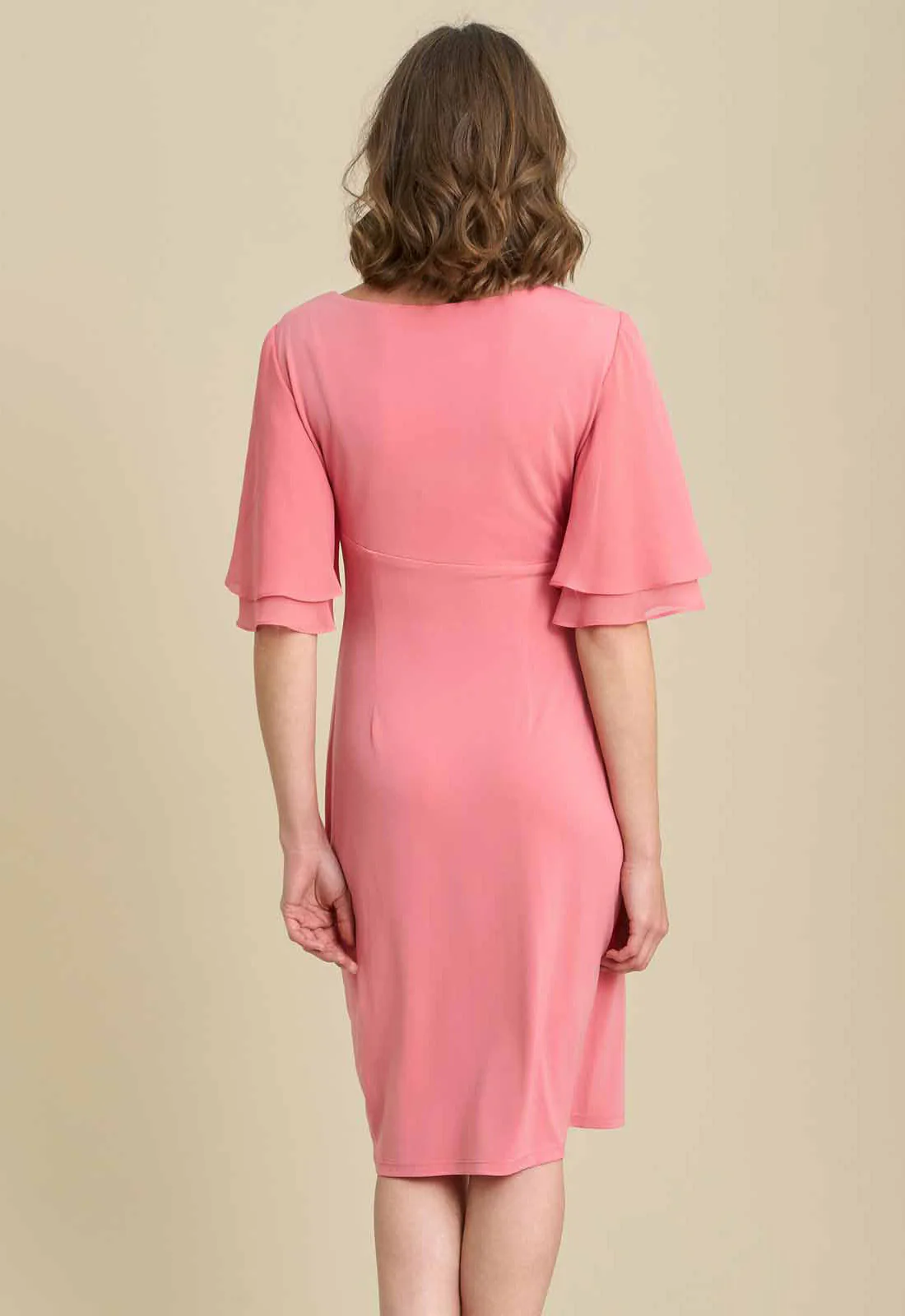 Gina Bacconi CORAL Faux Wrap Dress With Double Layer Sleeve - Image 4