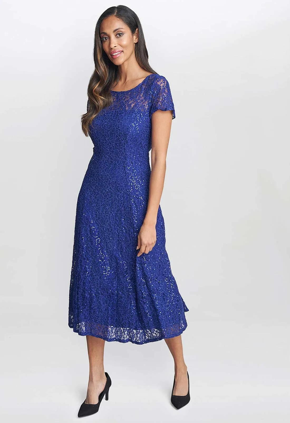 Gina Bacconi Demi Cap Sleeve Midi Length Sequin Lace Dress - Image 5